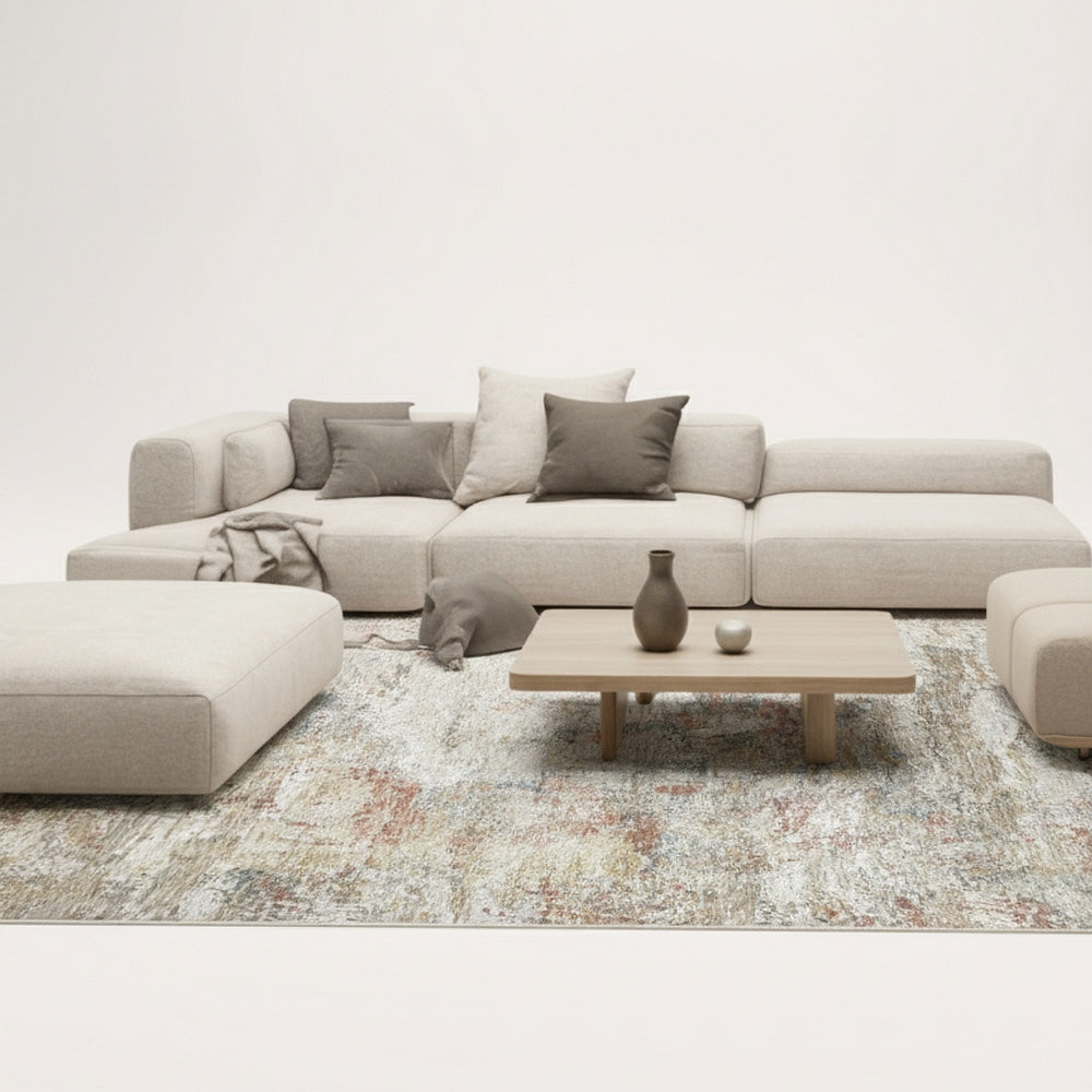 Sisley Abstract Neutral Cream Blue Low Pile Soft Rug