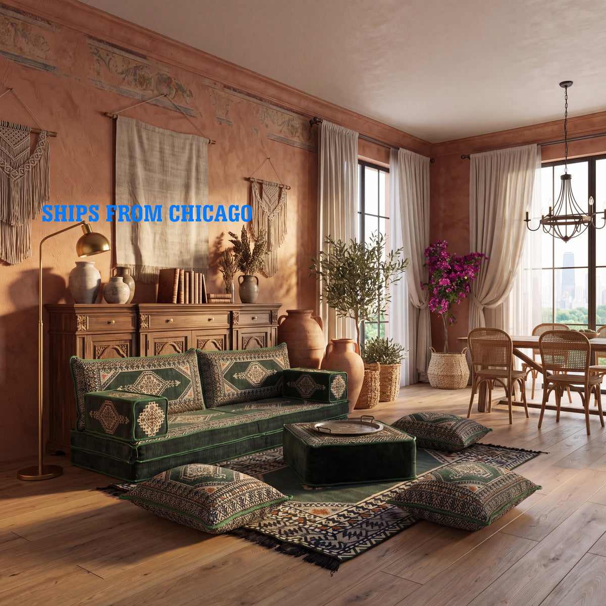A styled bohemian living room featuring Green Loveseat Sofa Set, Turkish Palace Floor Seating Sectional Modular Couch Set