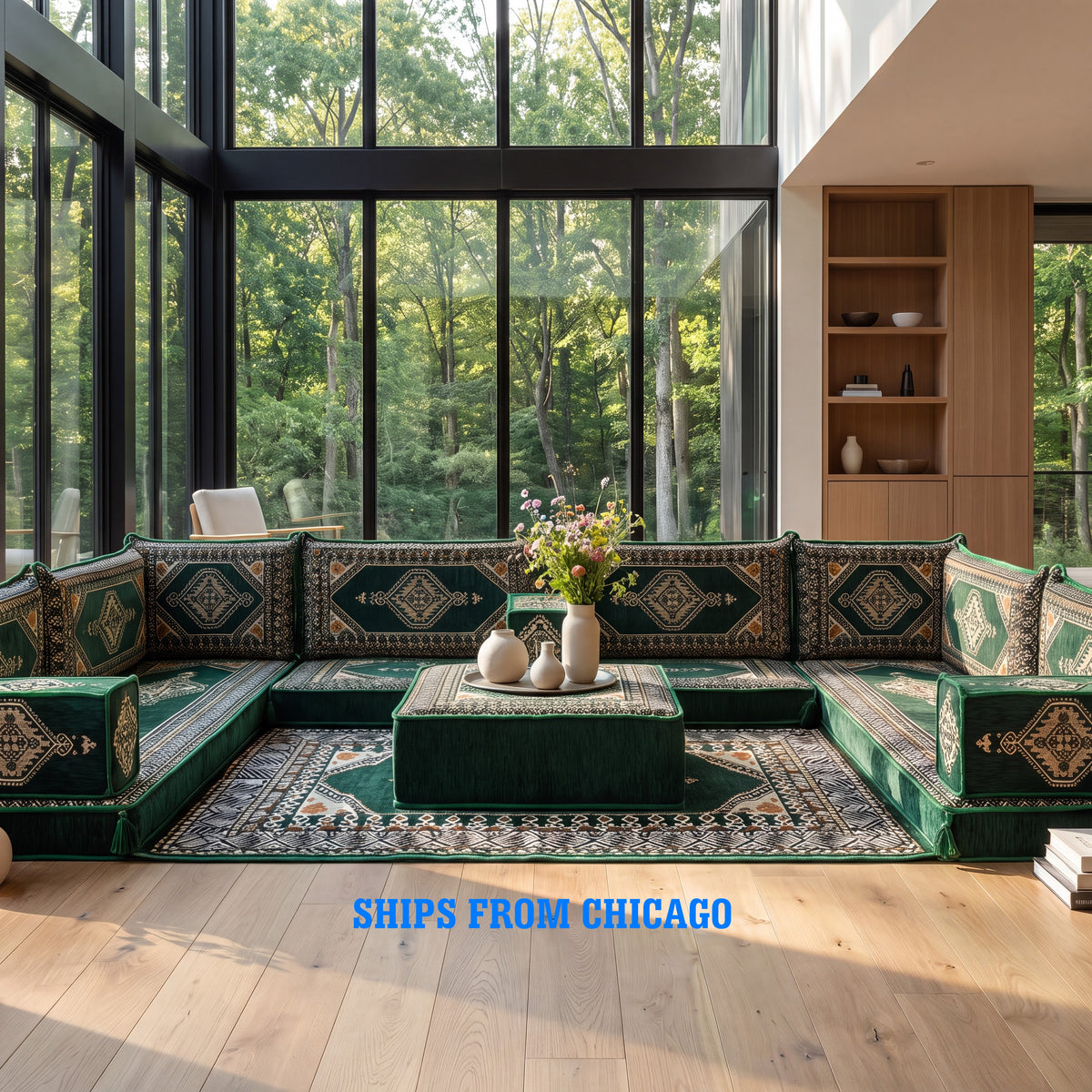 A large U-shaped sectional green sofa upholstered in deep green fabric with intricate geometric patterns, this is a product image for 01-Green U-Shaped Sofa Set, Turkish Palace Floor Seating Sectional Modular Couch Set.