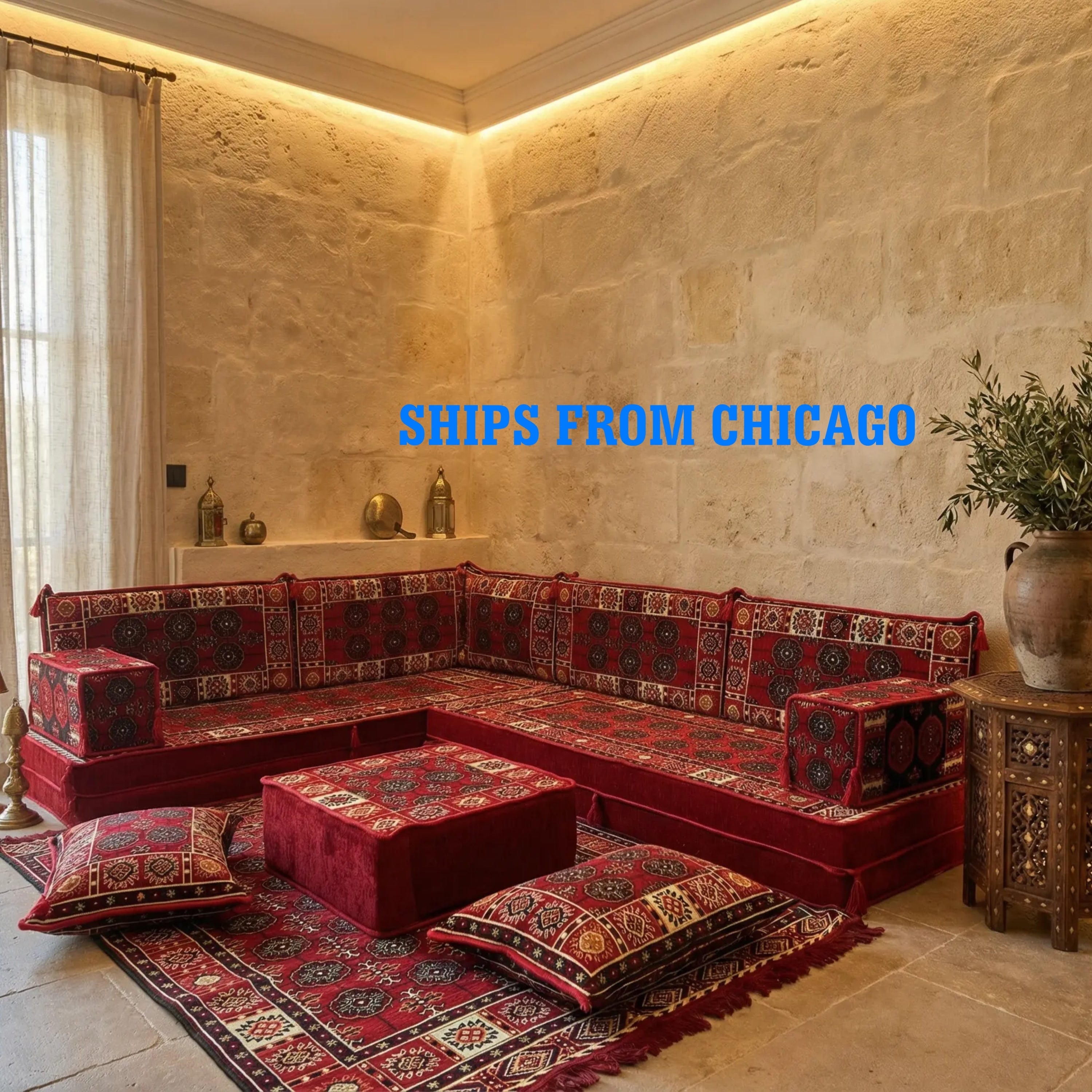 Red L-Shaped Sofa Set, Bukhara Floor Seating Sectional Modular Couch Set (Copy)