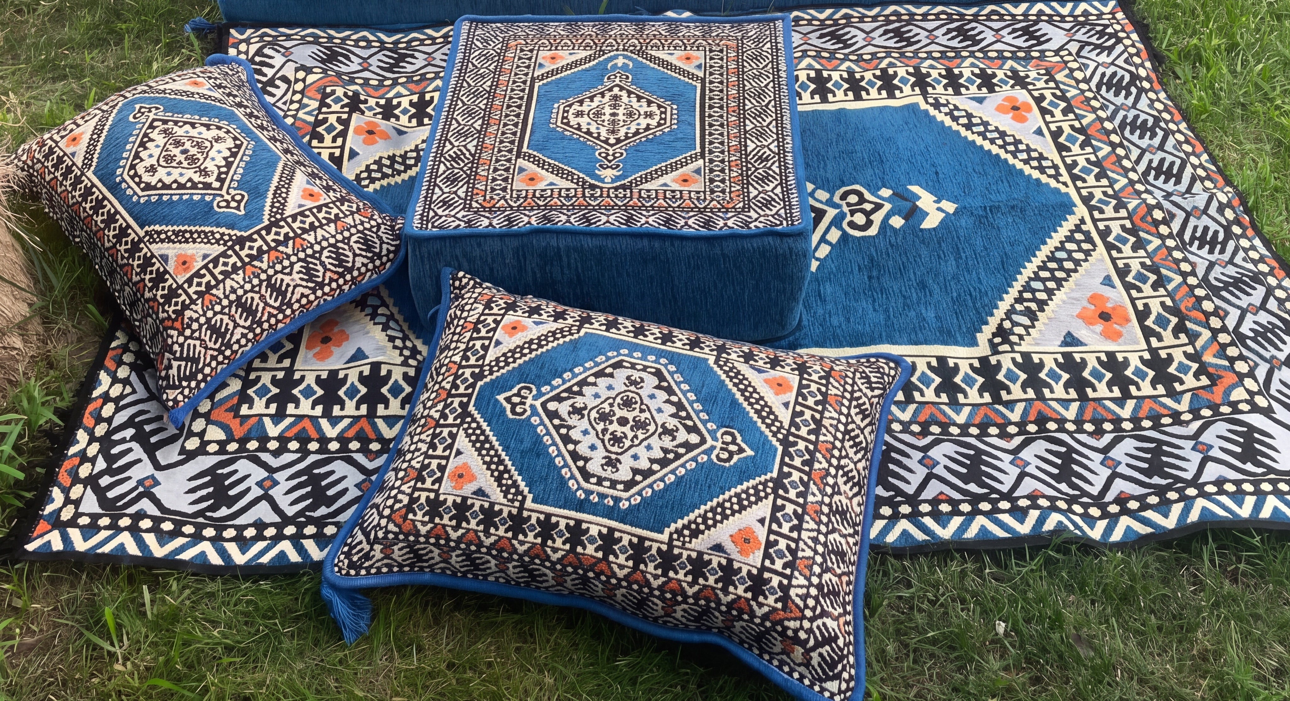 Blue L-Shaped Sofa Set, Turkish Palace Floor Seating Sectional Modular Couch Set