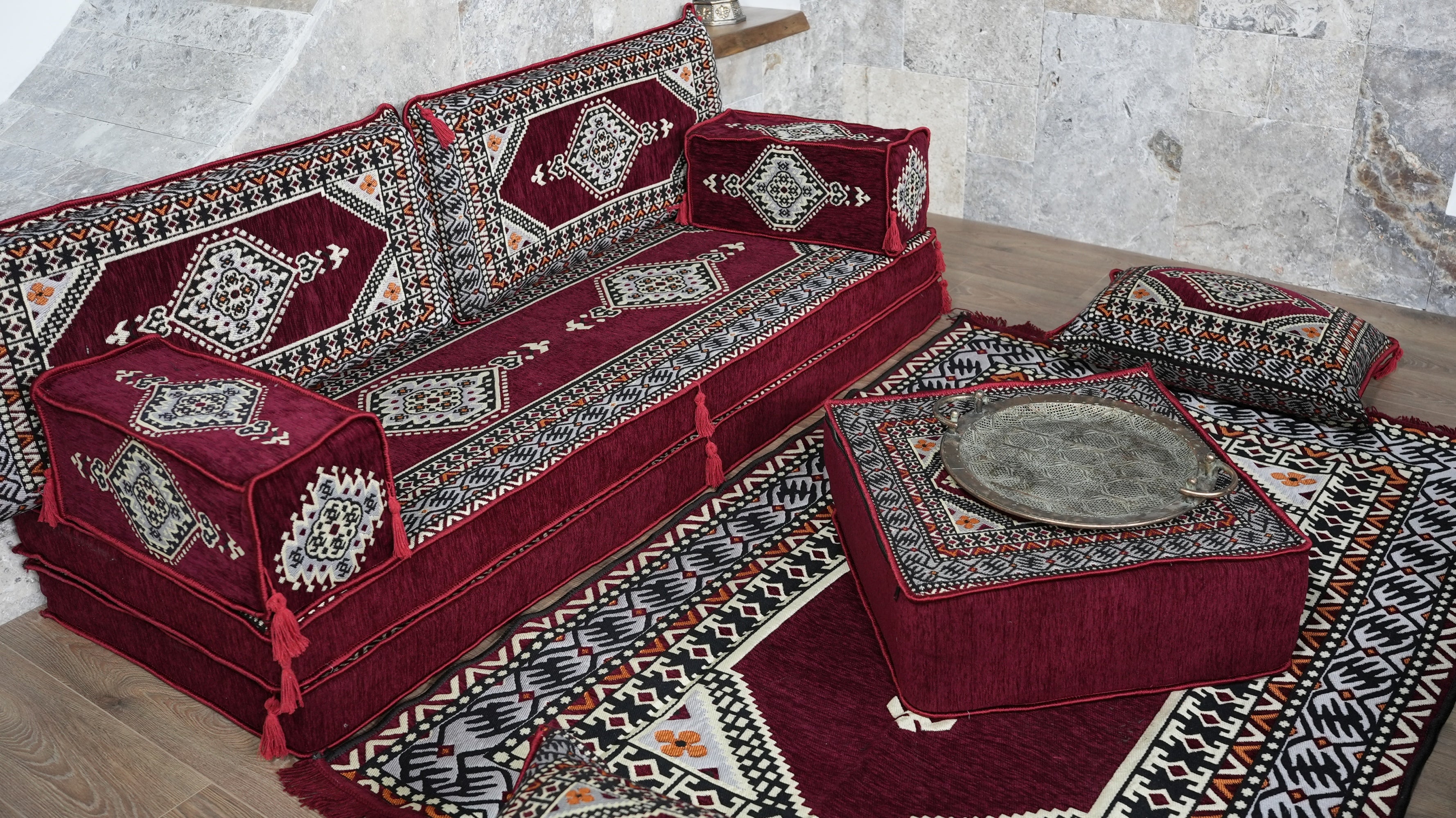 Traditional Middle Eastern Floor Seating - Burgundy Moroccan Style Majlis Sofa Set, Modular Bohemian Couch