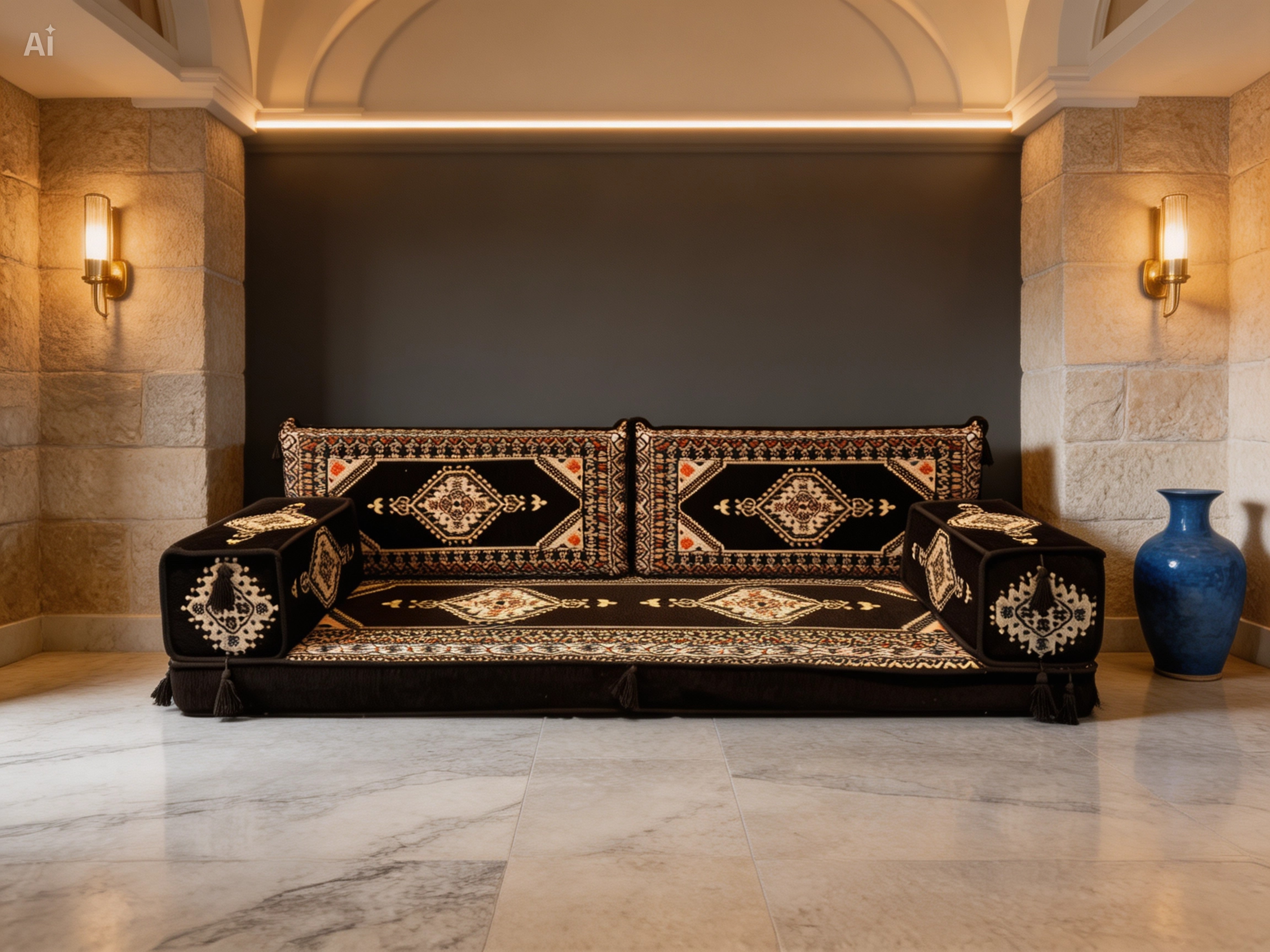Black Loveseat Sofa Set, Turkish Palace Floor Seating Sectional Modular Couch Set