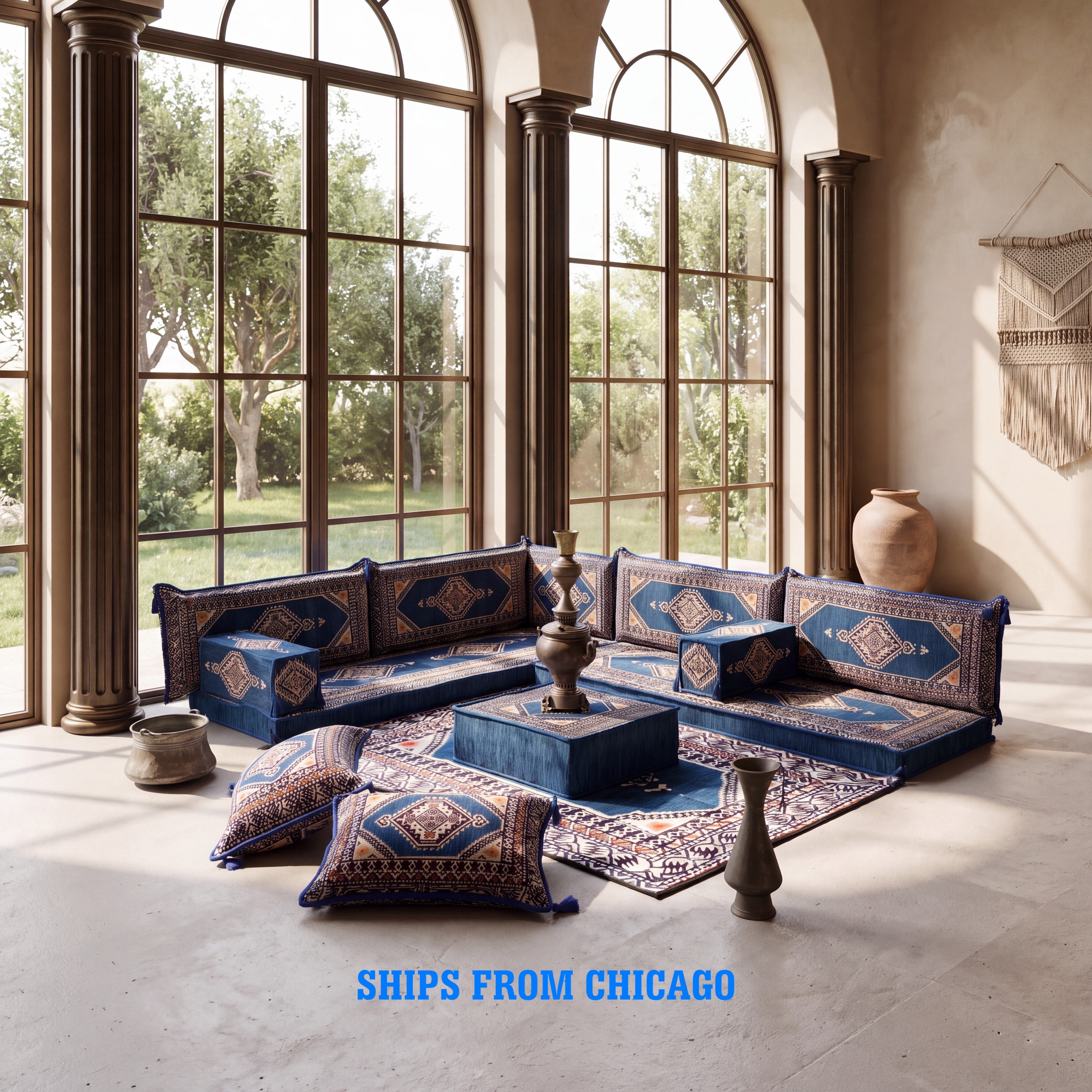 Blue L-Shaped Sofa Set, Turkish Palace Floor Seating Sectional Modular Couch Set