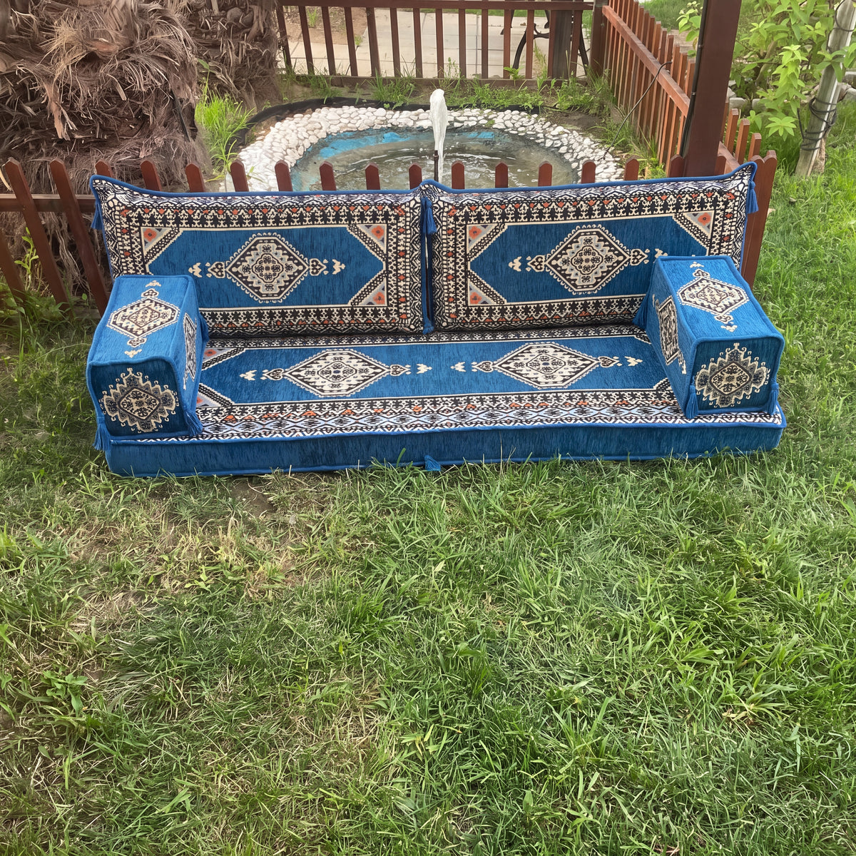 Blue Loveseat Sofa Set, Turkish Palace Floor Seating Majlis Modular Couch Set
