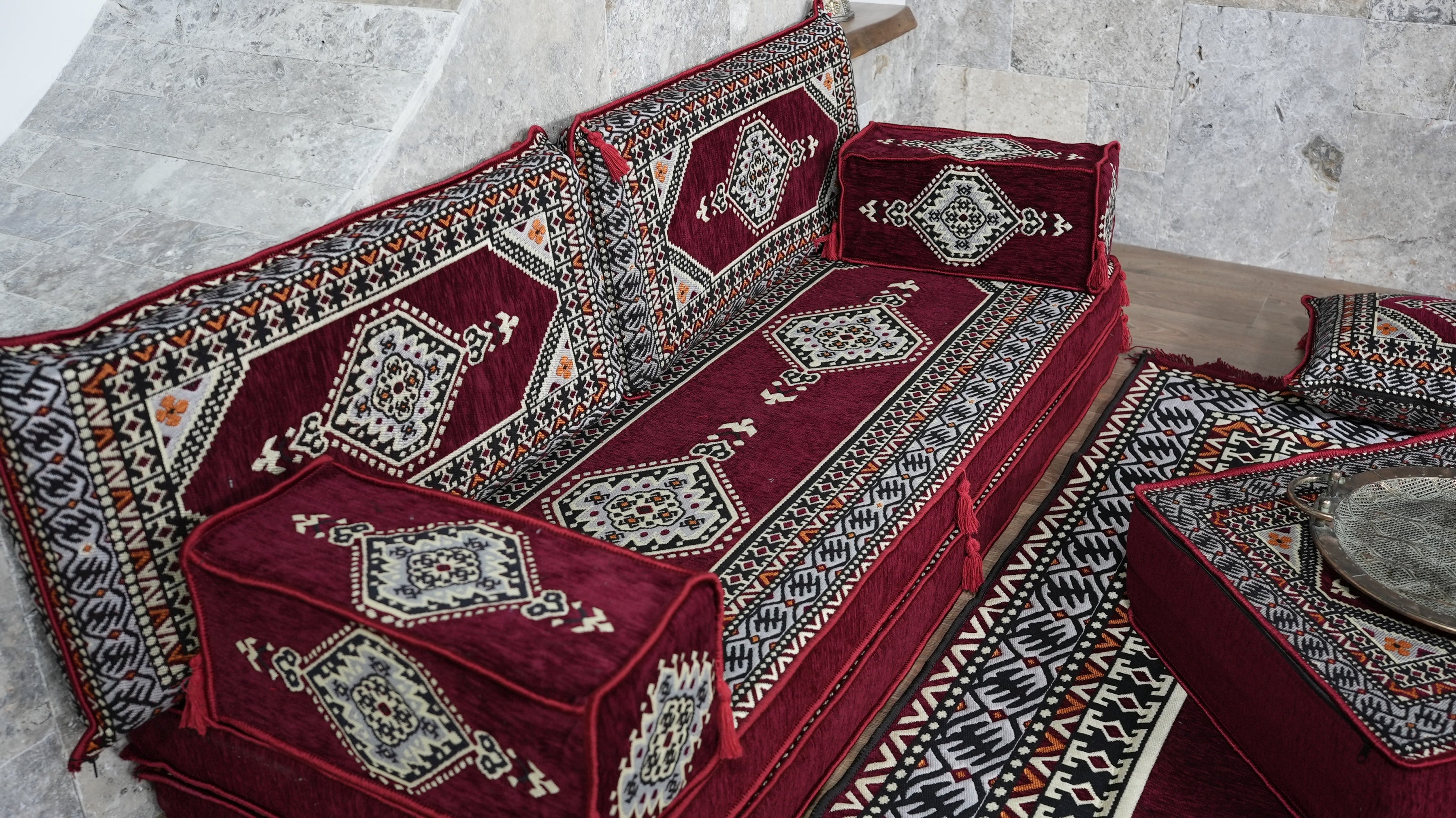 Burgundy Loveseat Sofa Set, Turkish Palace Floor Seating Sectional Modular Couch Set