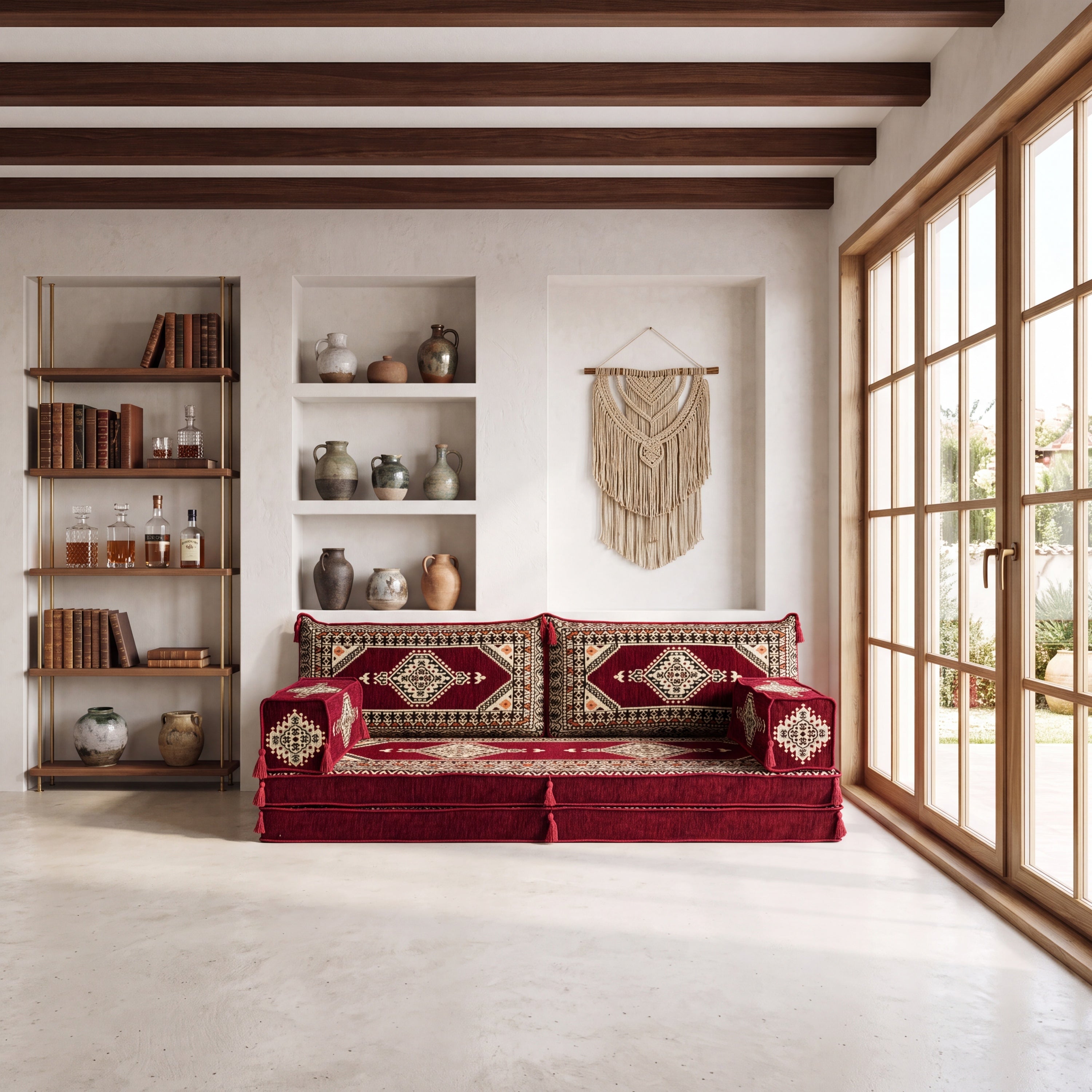 A low Burgundy Arabic Majlis Sofa Set, Turkish Palace Floor Seating Sectional Modular Couch sofa with ornate gold and beige geometric patterned cushions, set in a bright, modern bohemian-style living room with wooden bookshelves and a large window.
