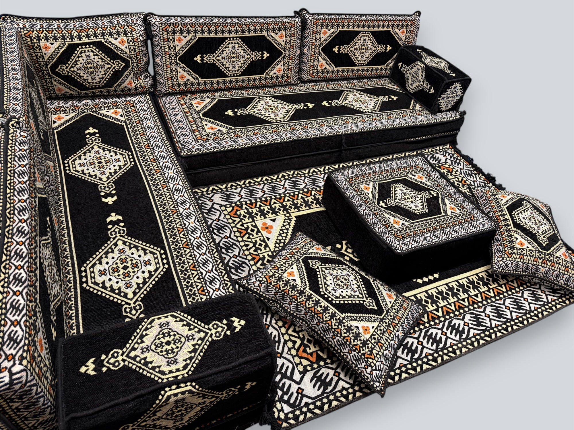 Black L-Shaped Sofa Set, Turkish Palace Floor Seating Sectional Modular Couch Set