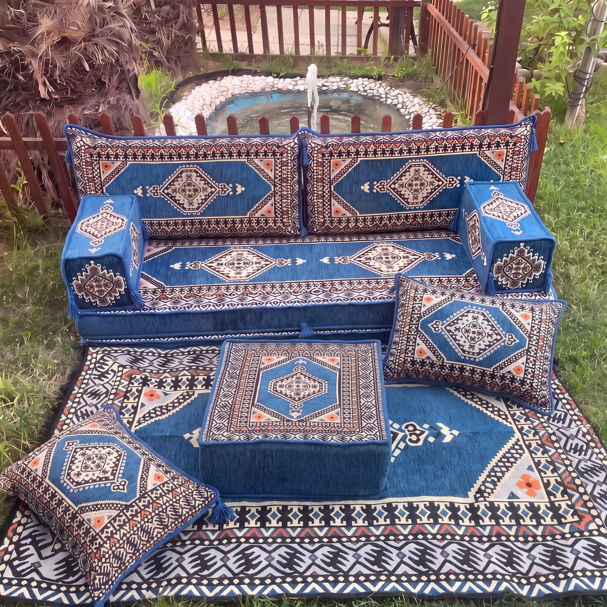 Blue Loveseat Sofa Set, Turkish Palace Floor Seating Majlis Modular Couch Set