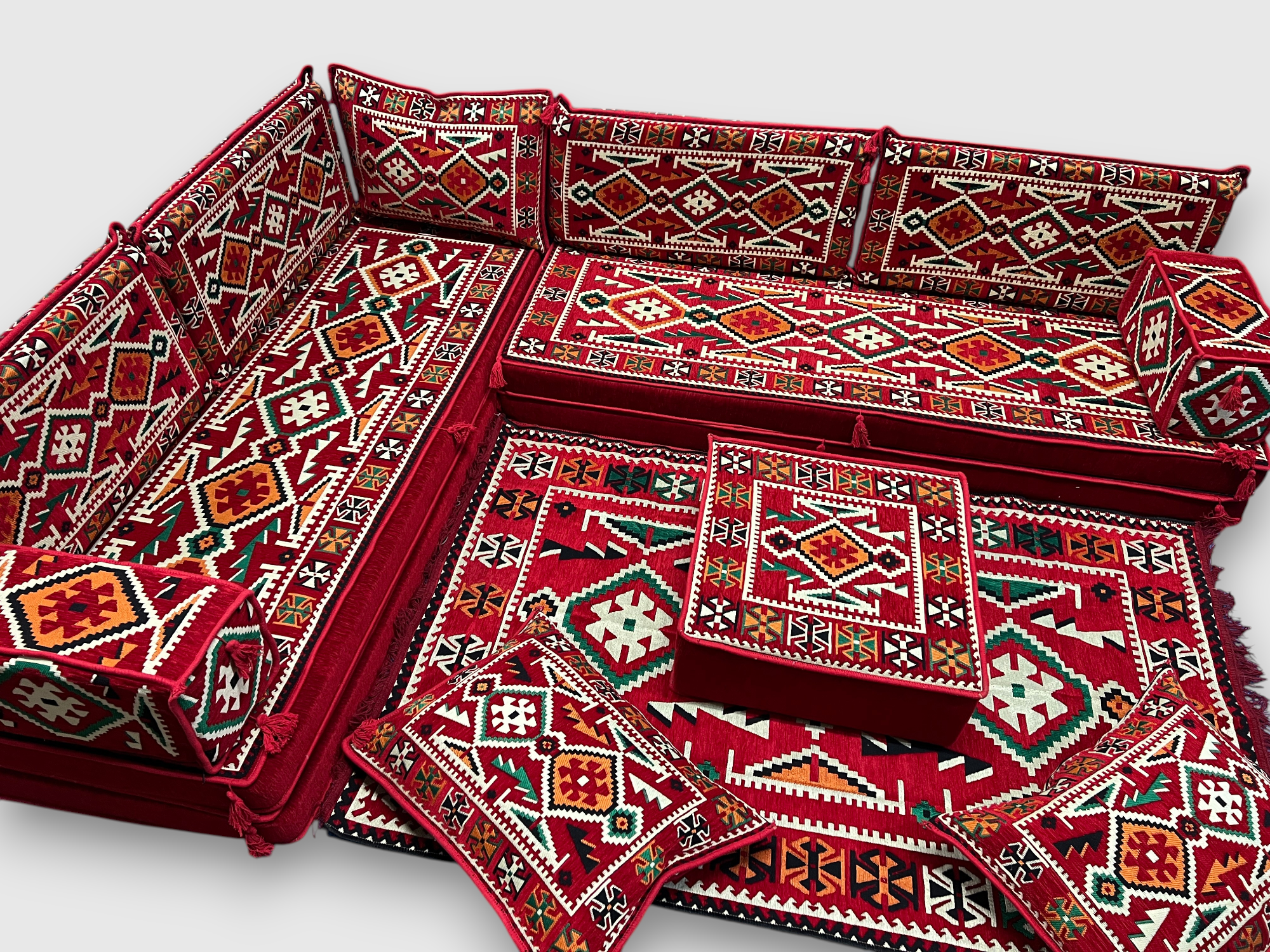 Red L-Shaped Sofa Set, Anatolian Floor Seating Sectional Modular Couch Set
