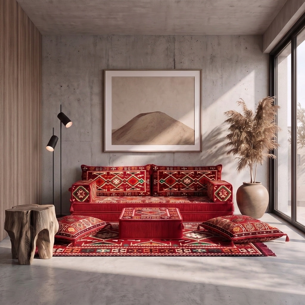 Red Loveseat Sofa Set, Anatolian Floor Seating Sectional Modular Couch Set