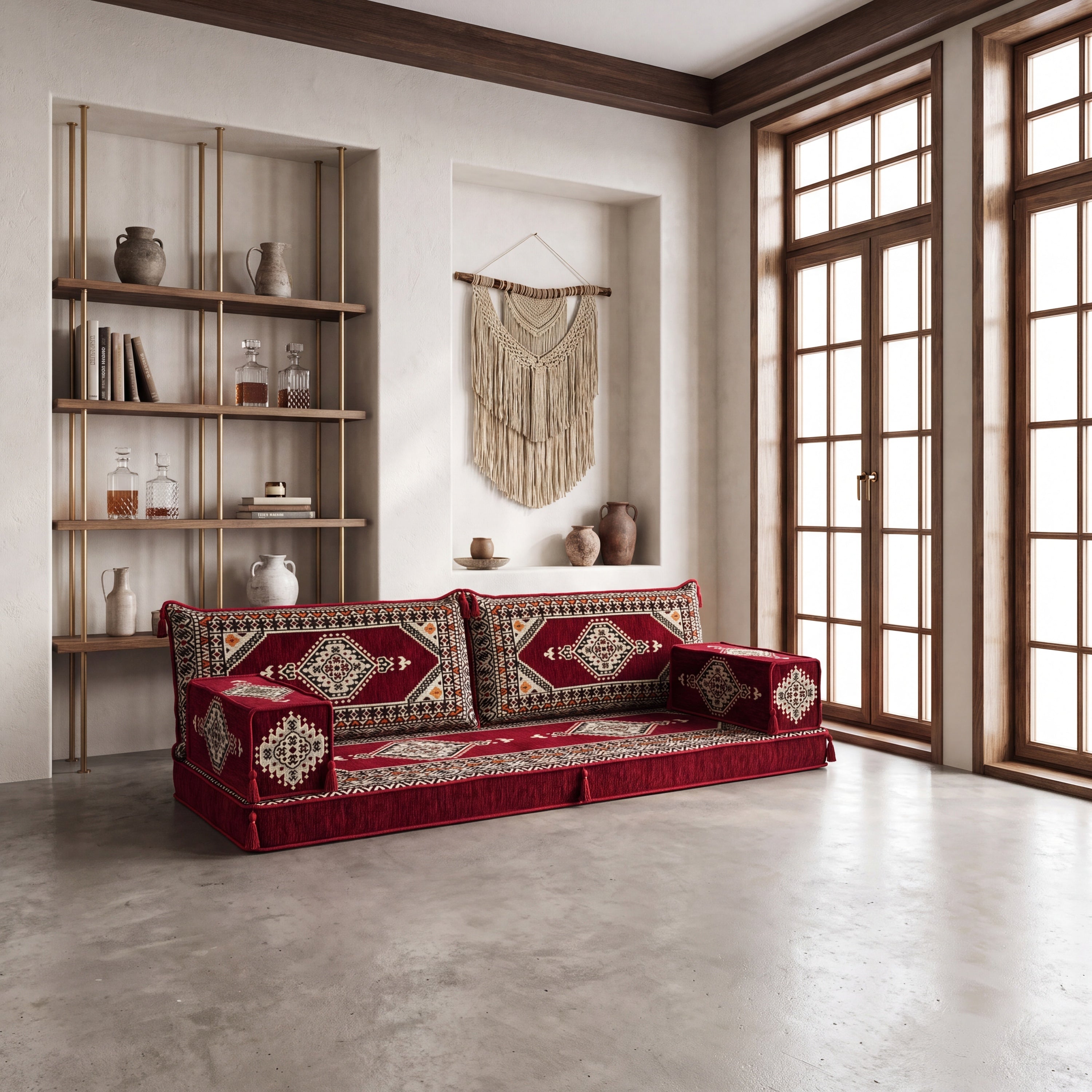 Burgundy Arabic Majlis Sofa Set, Turkish Palace Floor Seating Sectional Modular Couch