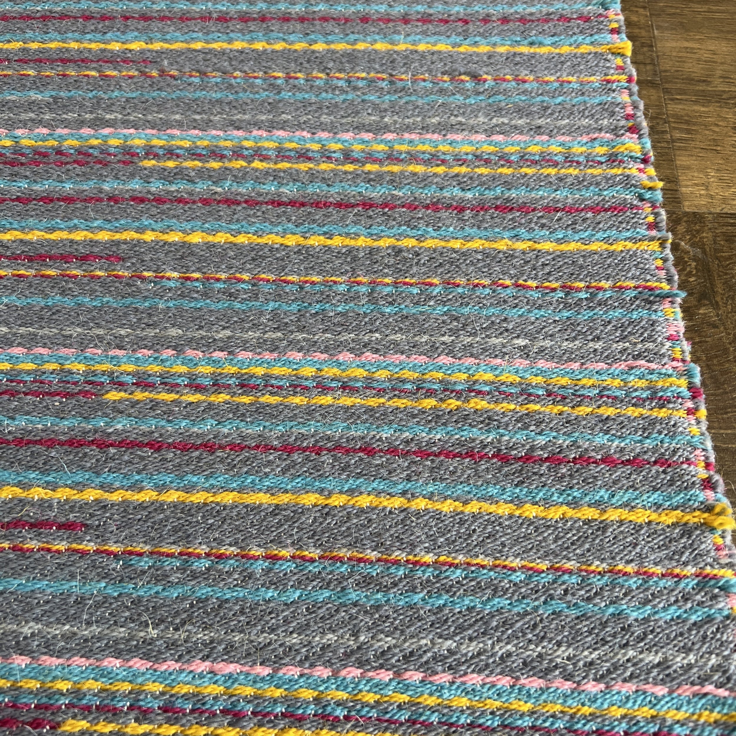 Blue Turkish Kilim Rug – Colorful Wool Flat-Weave with Bohemian Striped Pattern