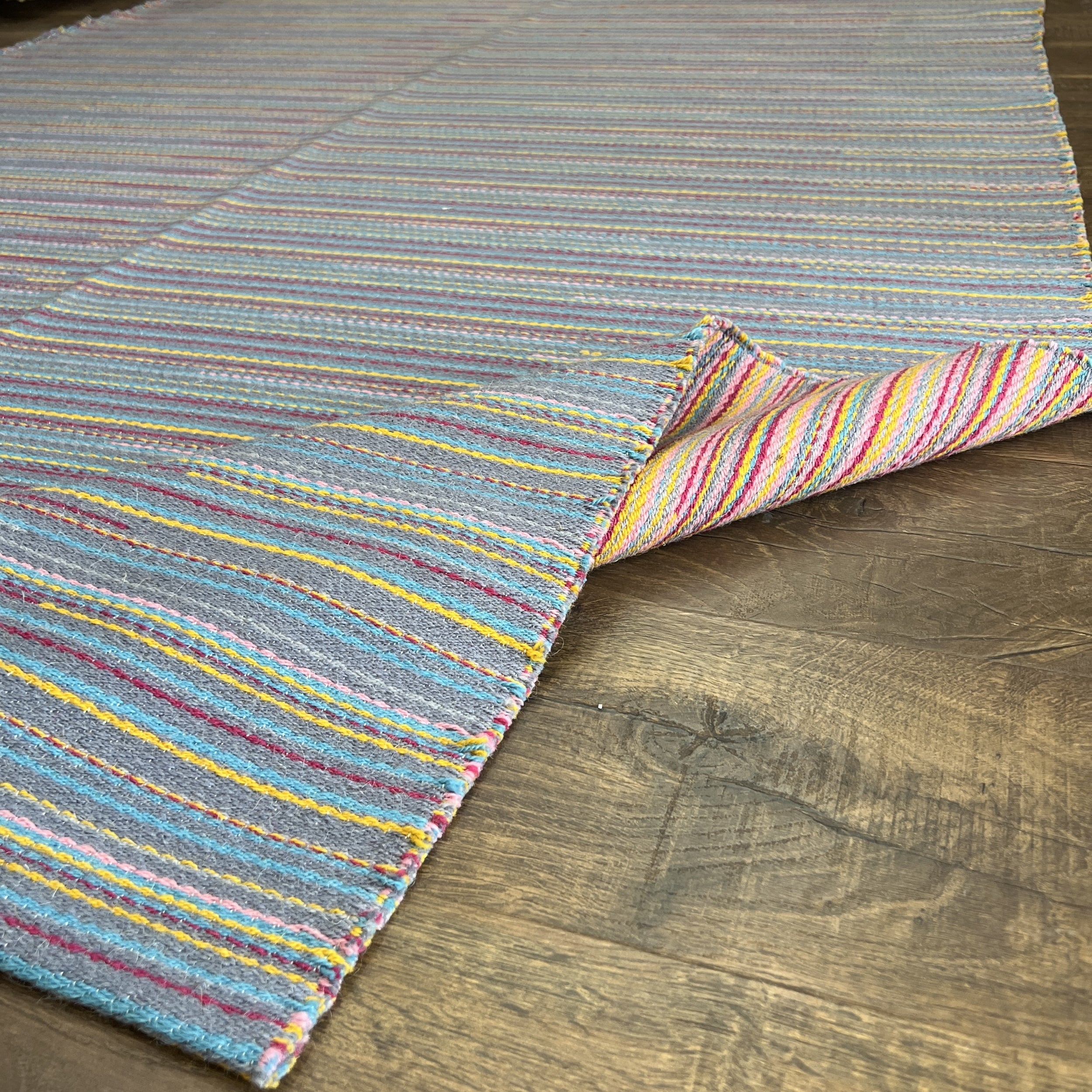 Blue Turkish Kilim Rug – Colorful Wool Flat-Weave with Bohemian Striped Pattern