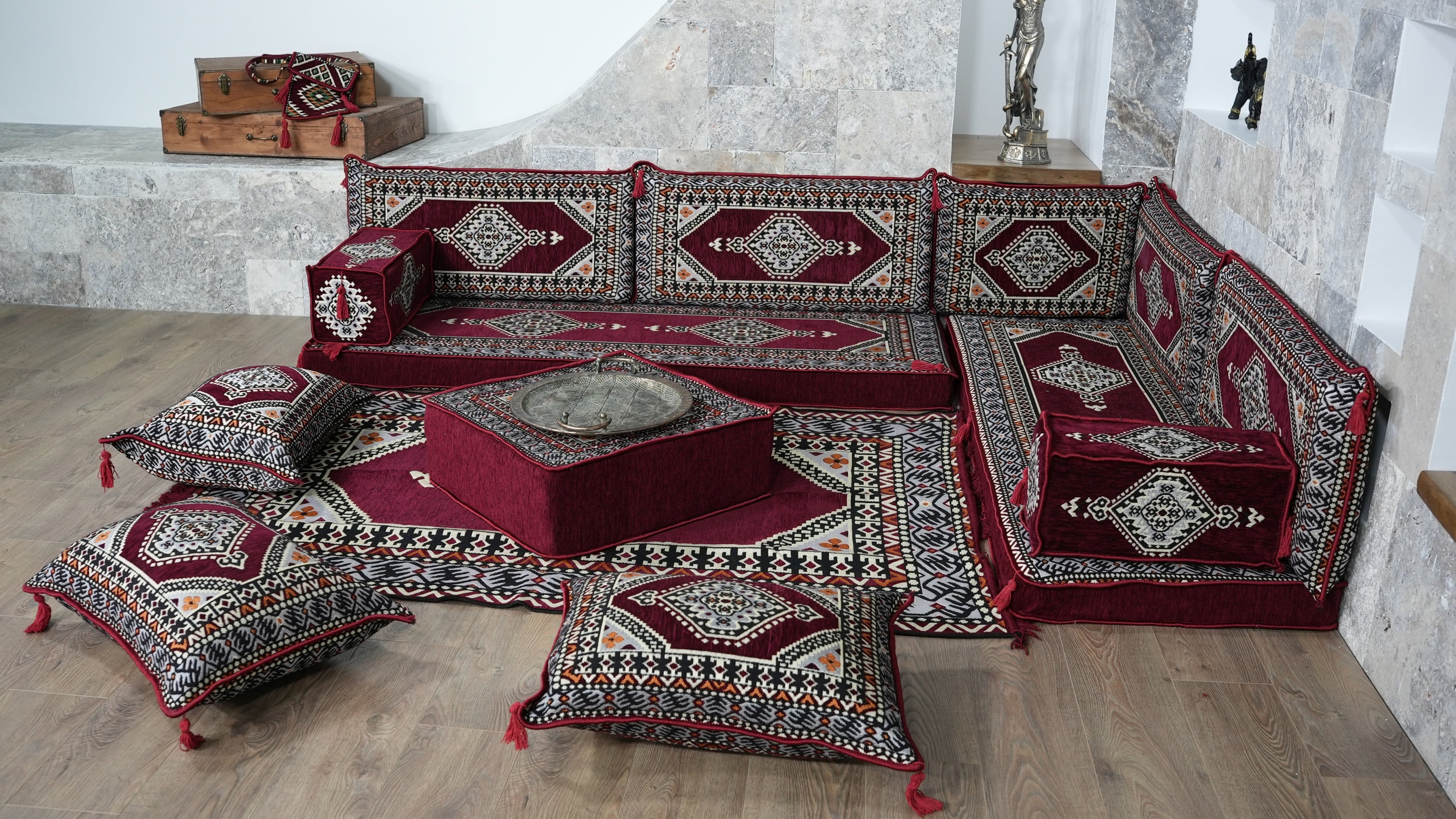 Burgundy L-Shaped Sofa Set, Turkish Palace Floor Seating Sectional Modular Couch Set