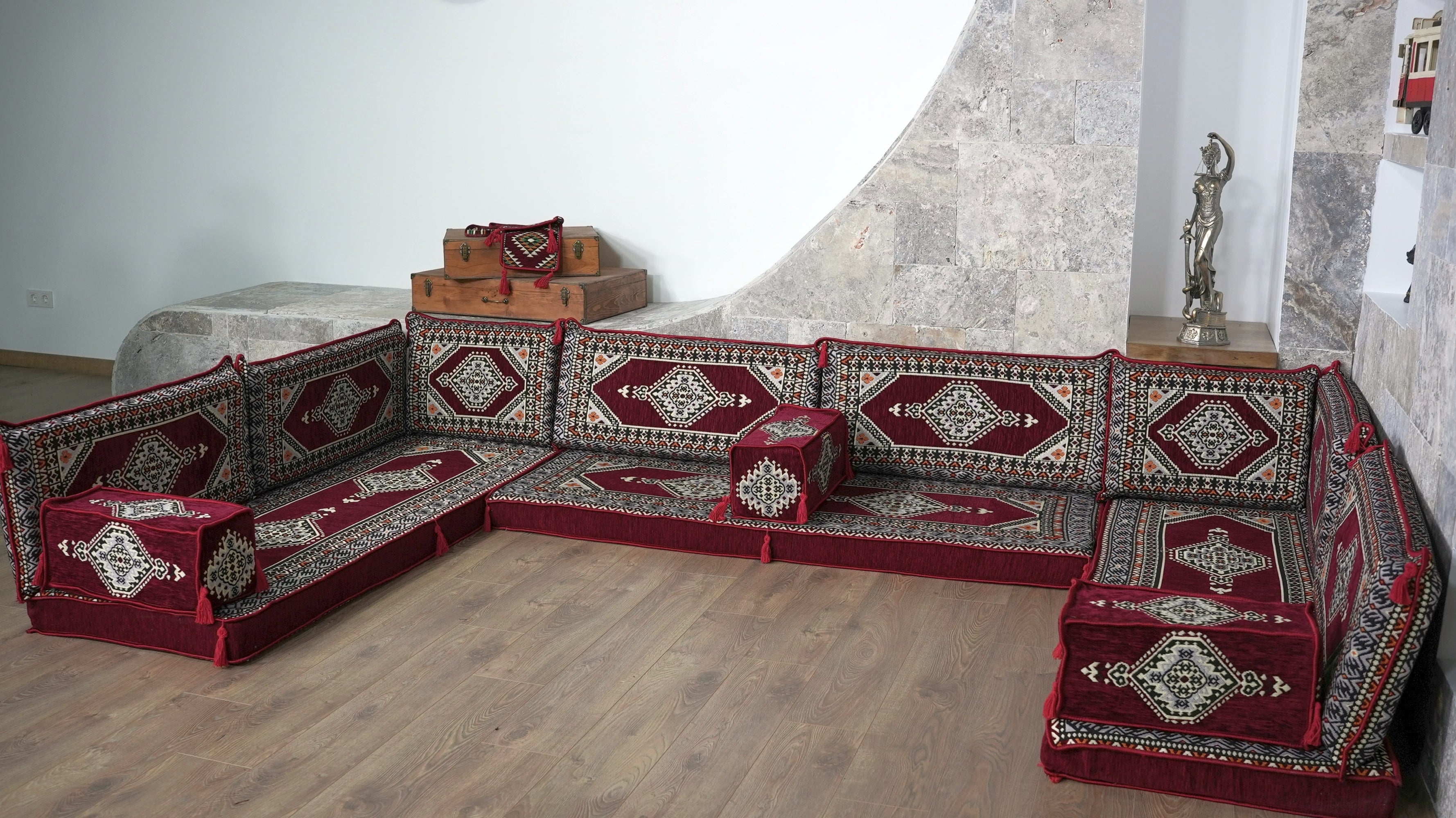 Burgundy U-Shaped Sofa Set, Turkish Palace Floor Seating Sectional Modular Couch Set