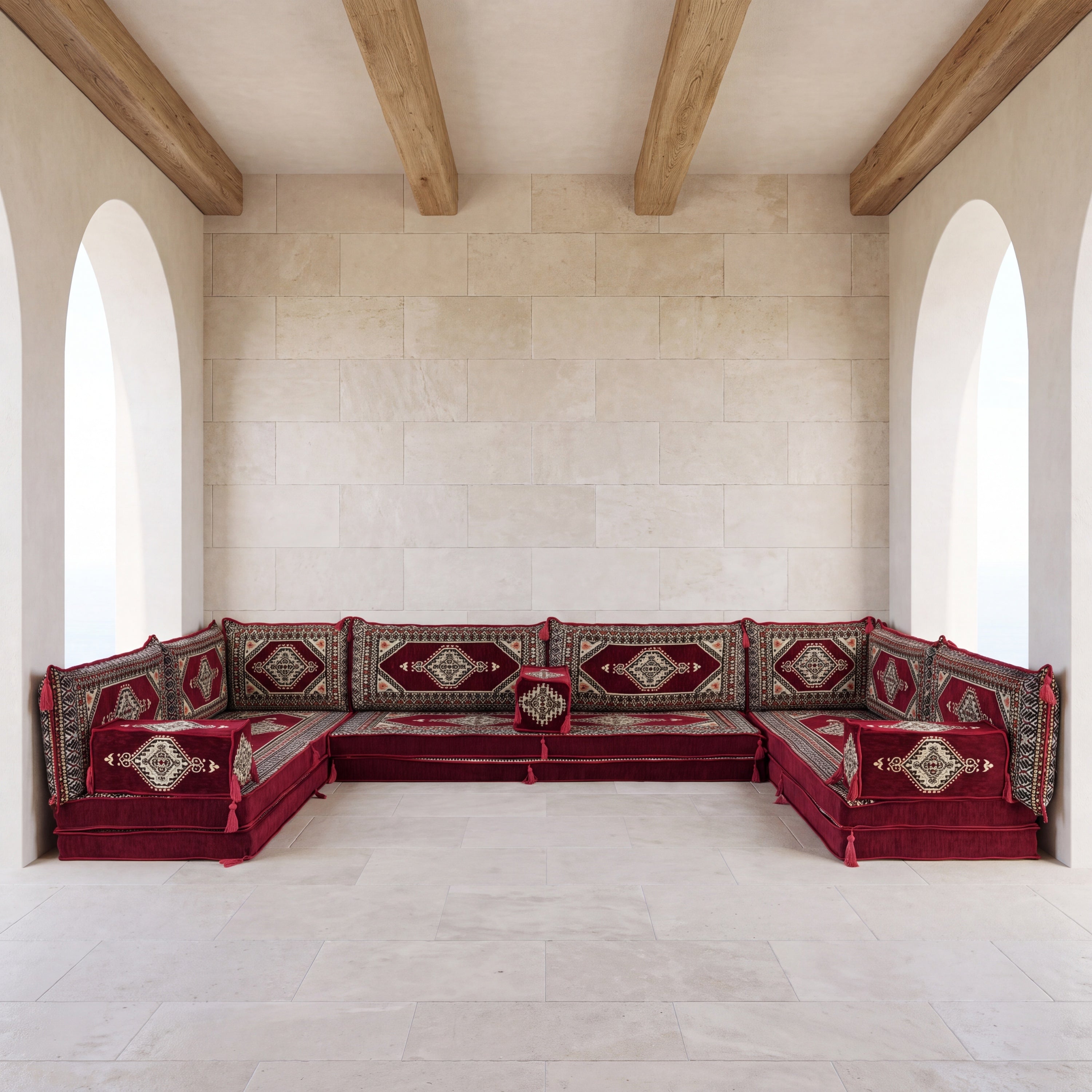 Burgundy U-Shaped Sofa Set, Turkish Palace Floor Seating Sectional Modular Couch Set