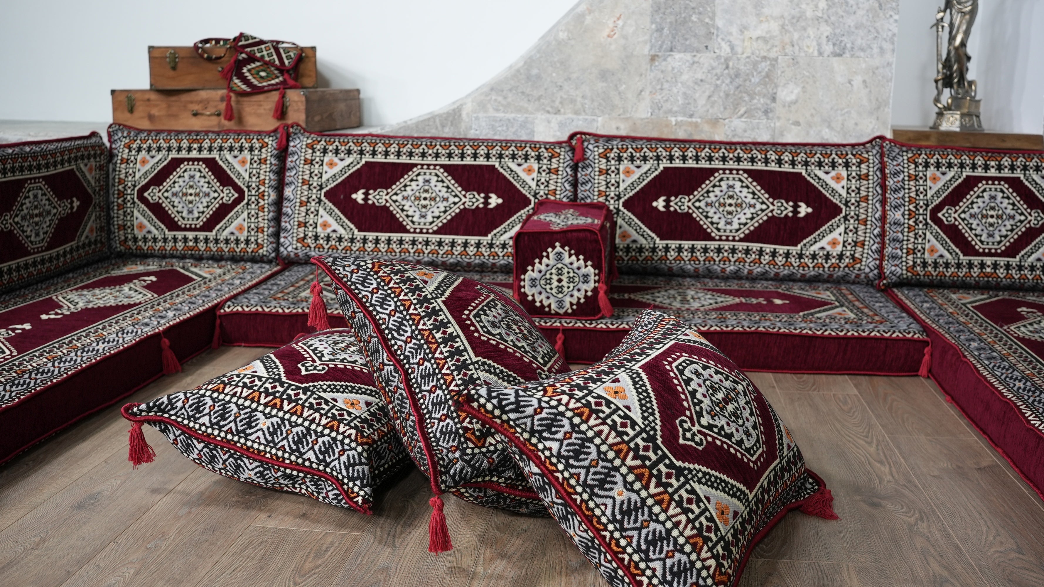 Burgundy U-Shaped Sofa Set, Turkish Palace Floor Seating Sectional Modular Couch Set