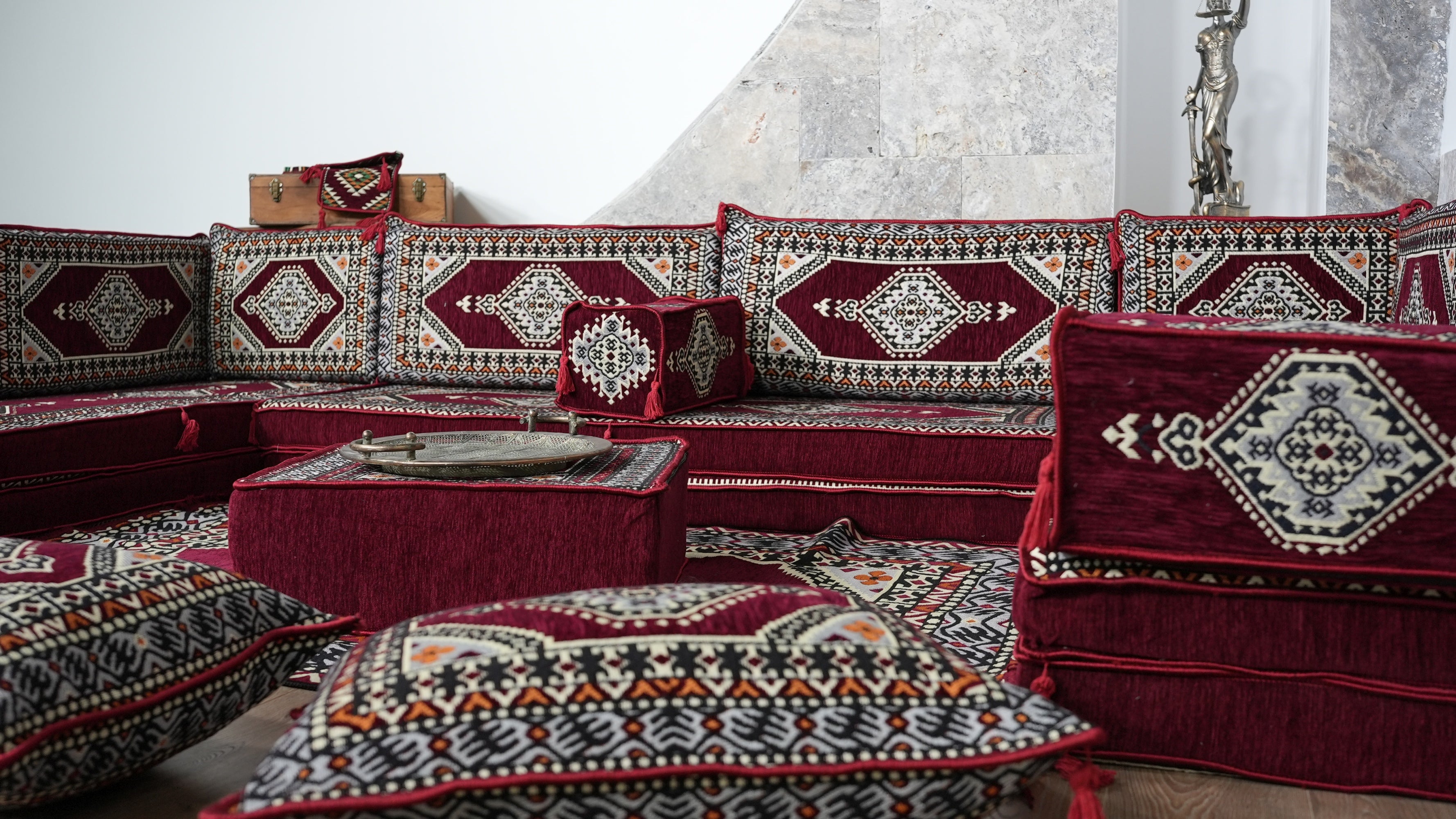 Burgundy U-Shaped Sofa Set, Turkish Palace Floor Seating Sectional Modular Couch Set
