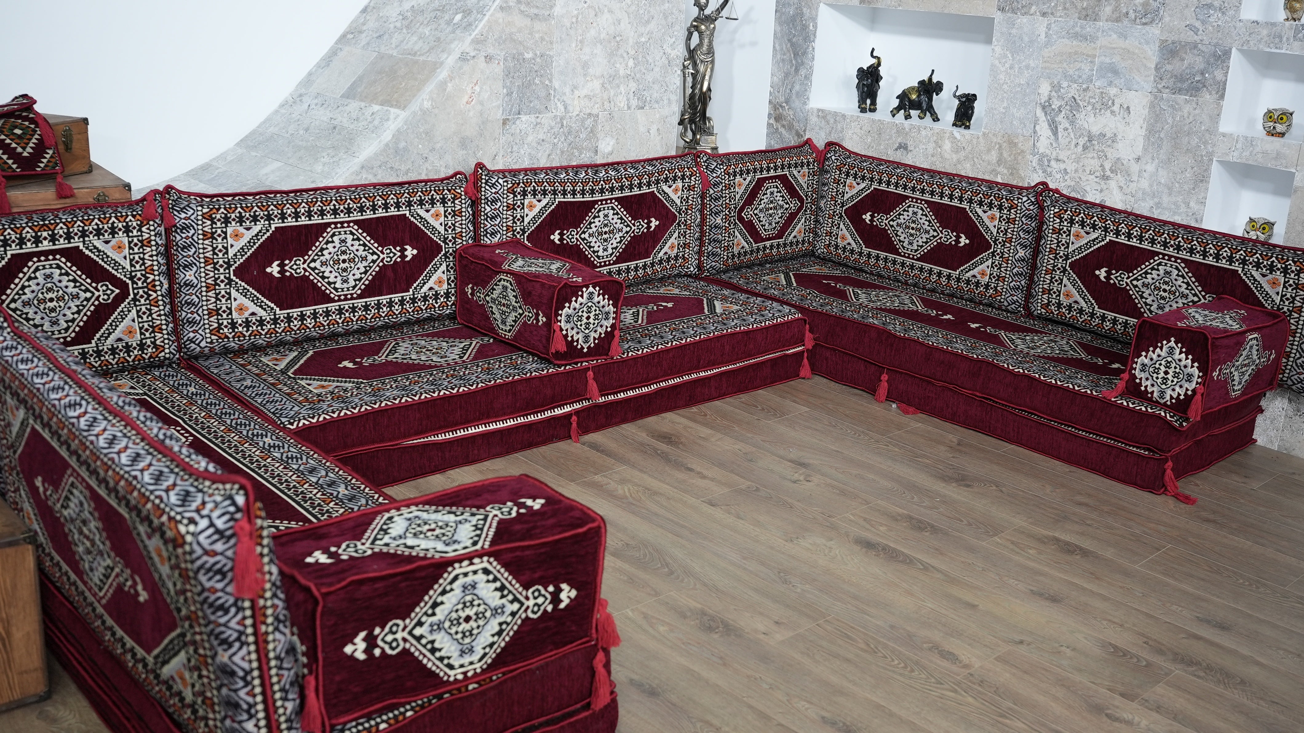 Burgundy U-Shaped Sofa Set, Turkish Palace Floor Seating Sectional Modular Couch Set