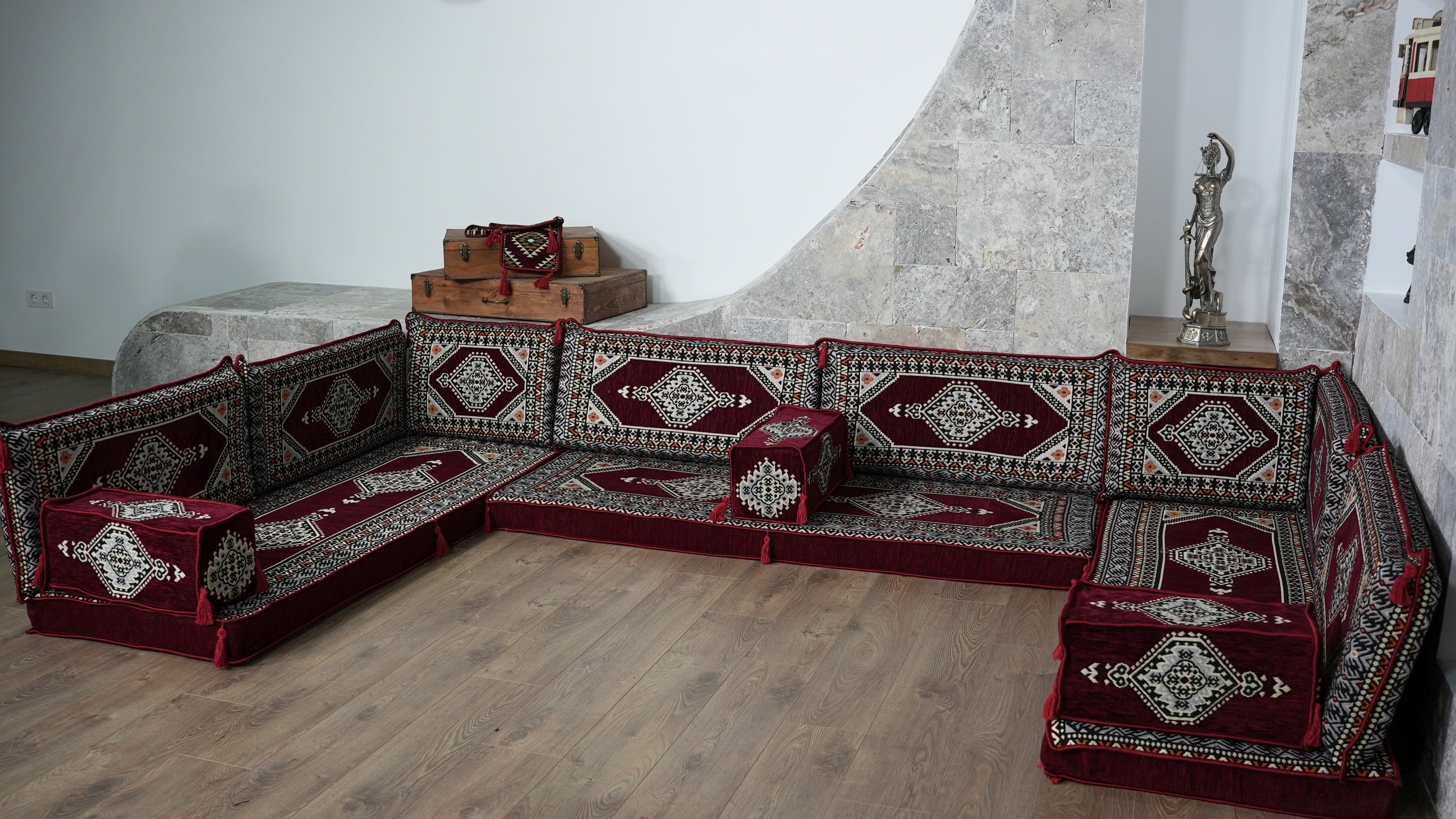 Burgundy U-Shaped Sofa Set, Turkish Palace Floor Seating Sectional Modular Couch Set