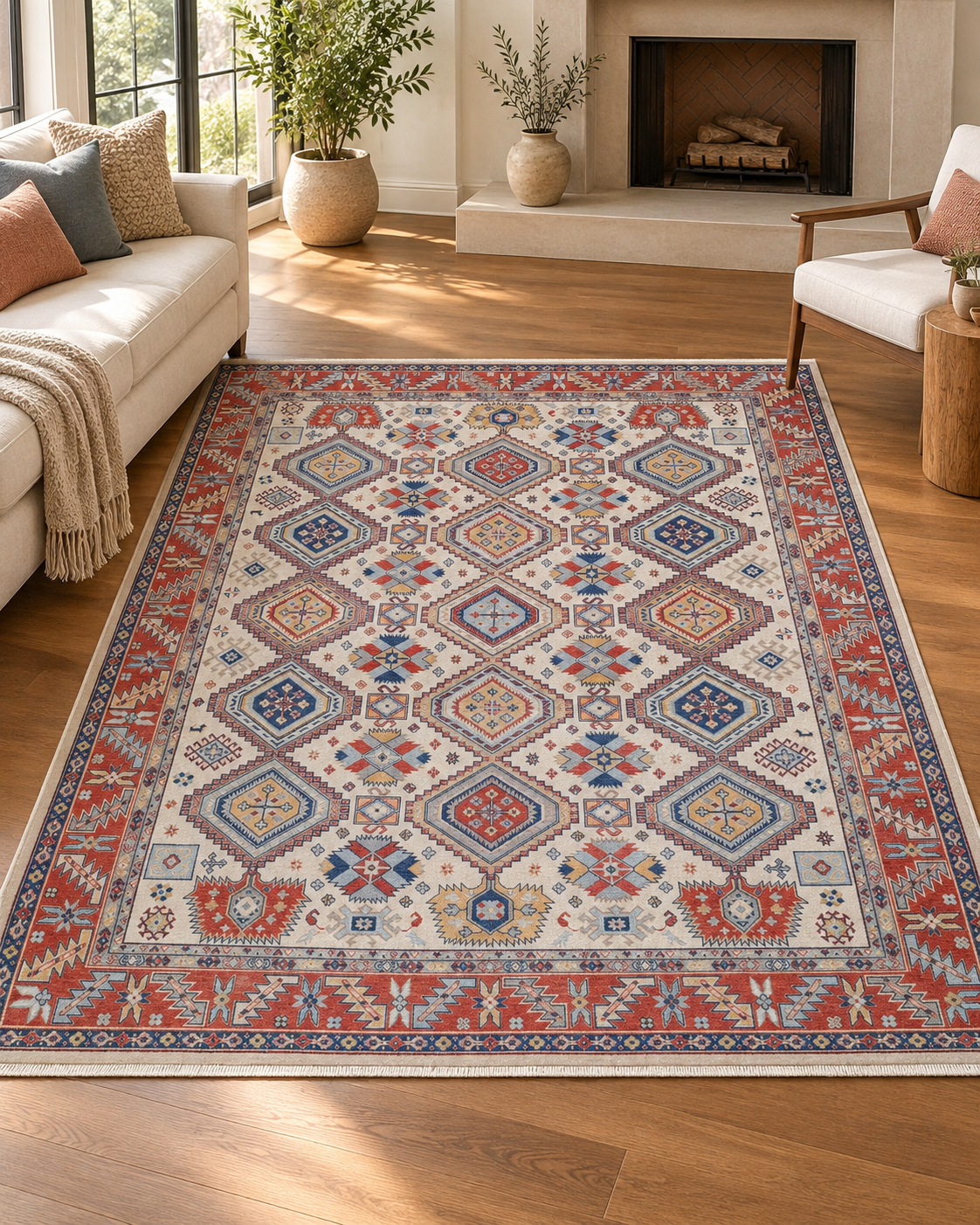 Ivory Oriental Wool Area Rug – Vegetable Dyed Red & Blue Geometric Design