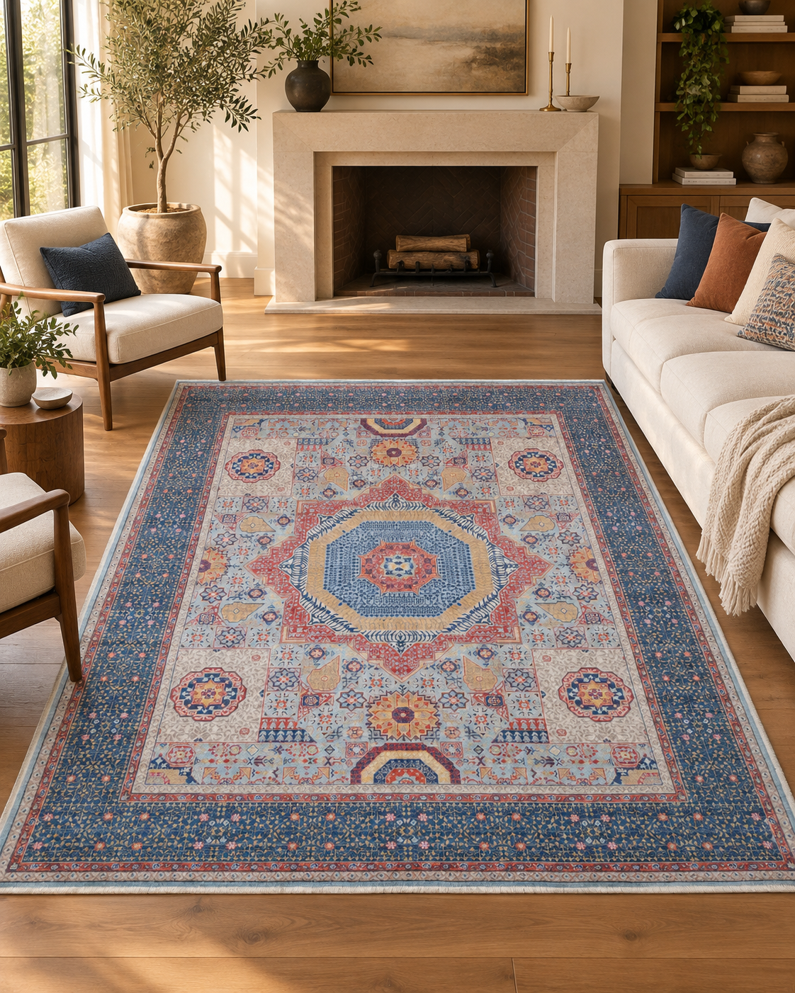 Blue Oriental Wool Area Rug – Vegetable Dyed Geometric Medallion Design