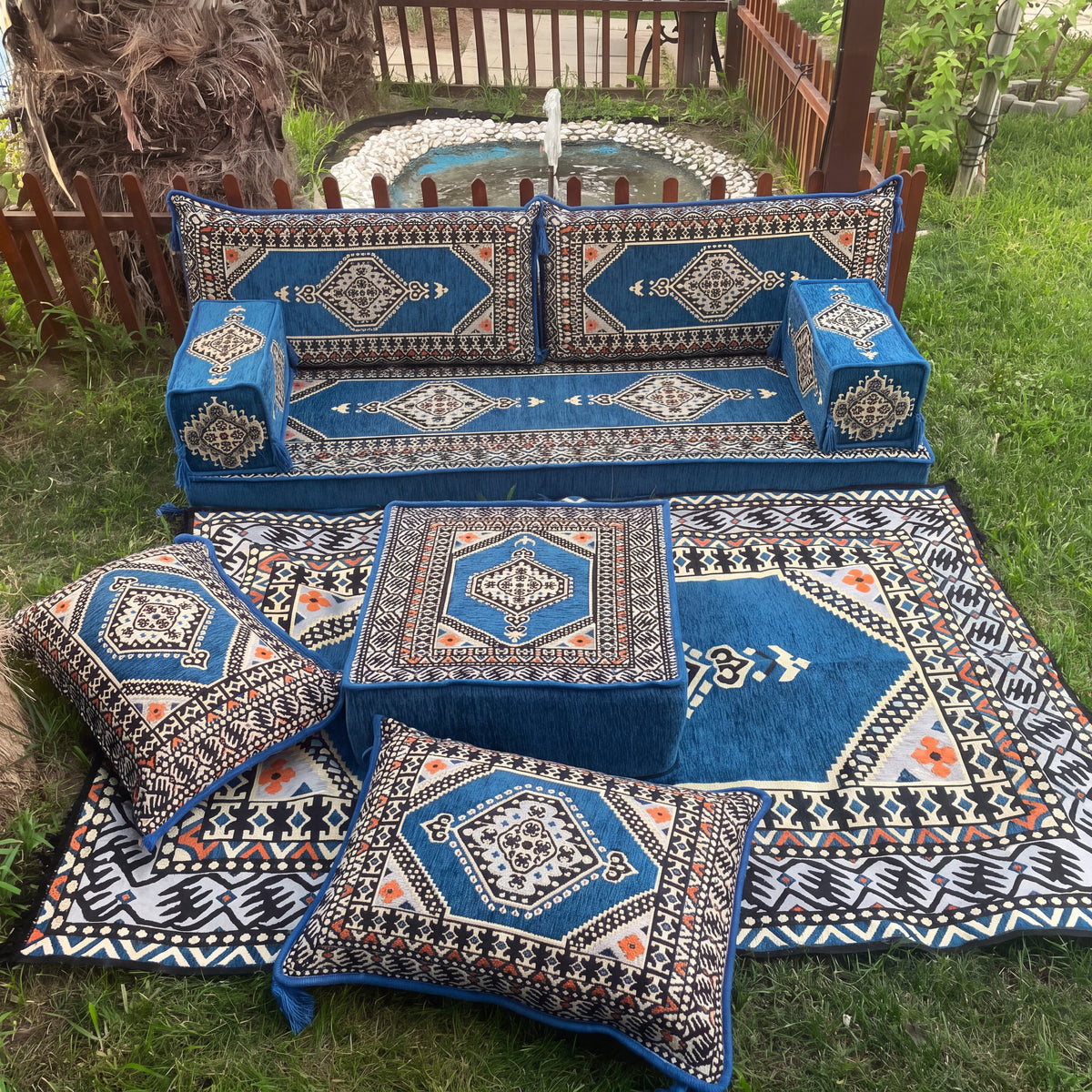 Blue Loveseat Sofa Set, Turkish Palace Floor Seating Majlis Modular Couch Set