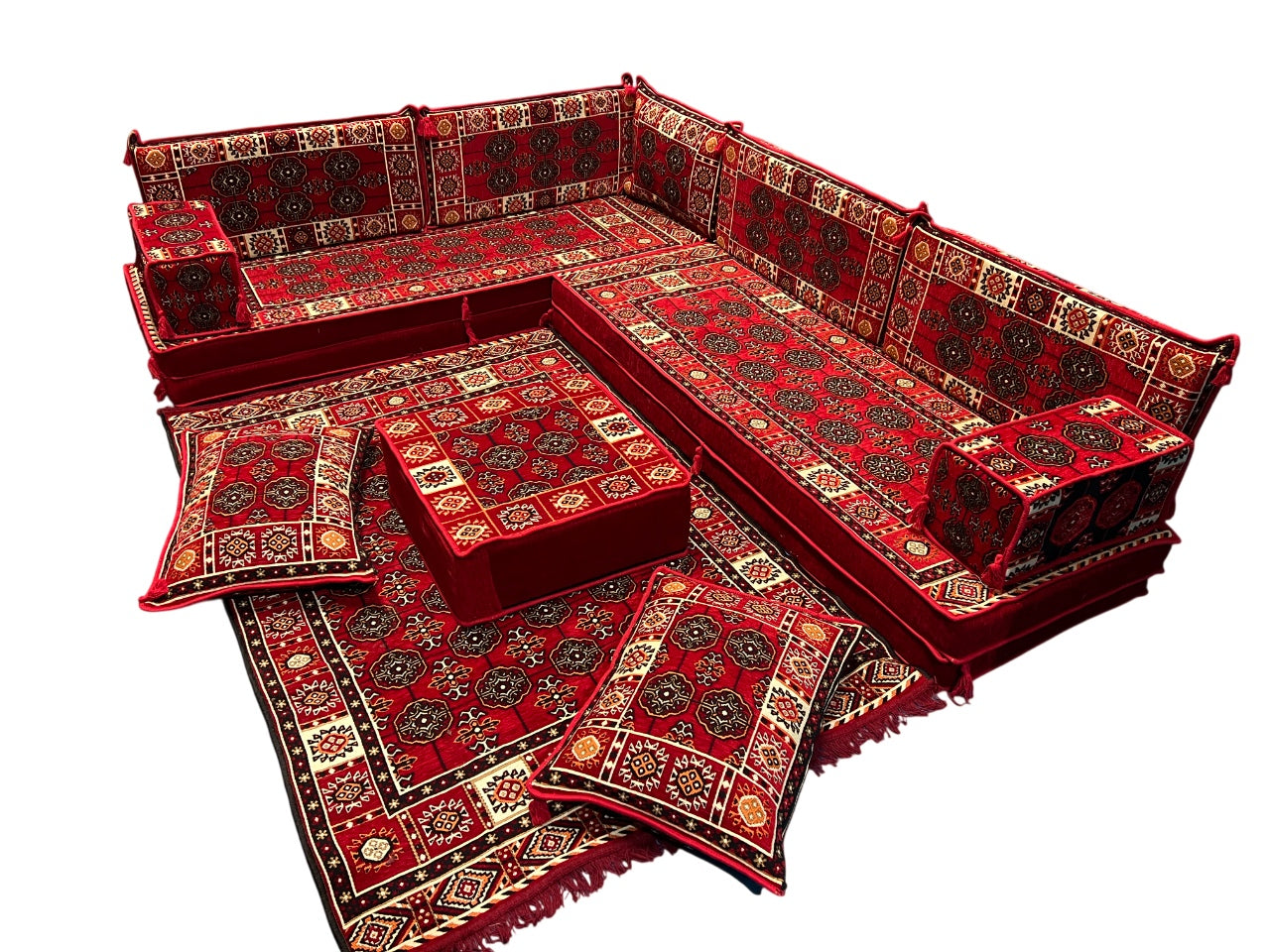 Red L-Shaped Sofa Set, Bukhara Floor Seating Sectional Modular Couch Set (Copy)