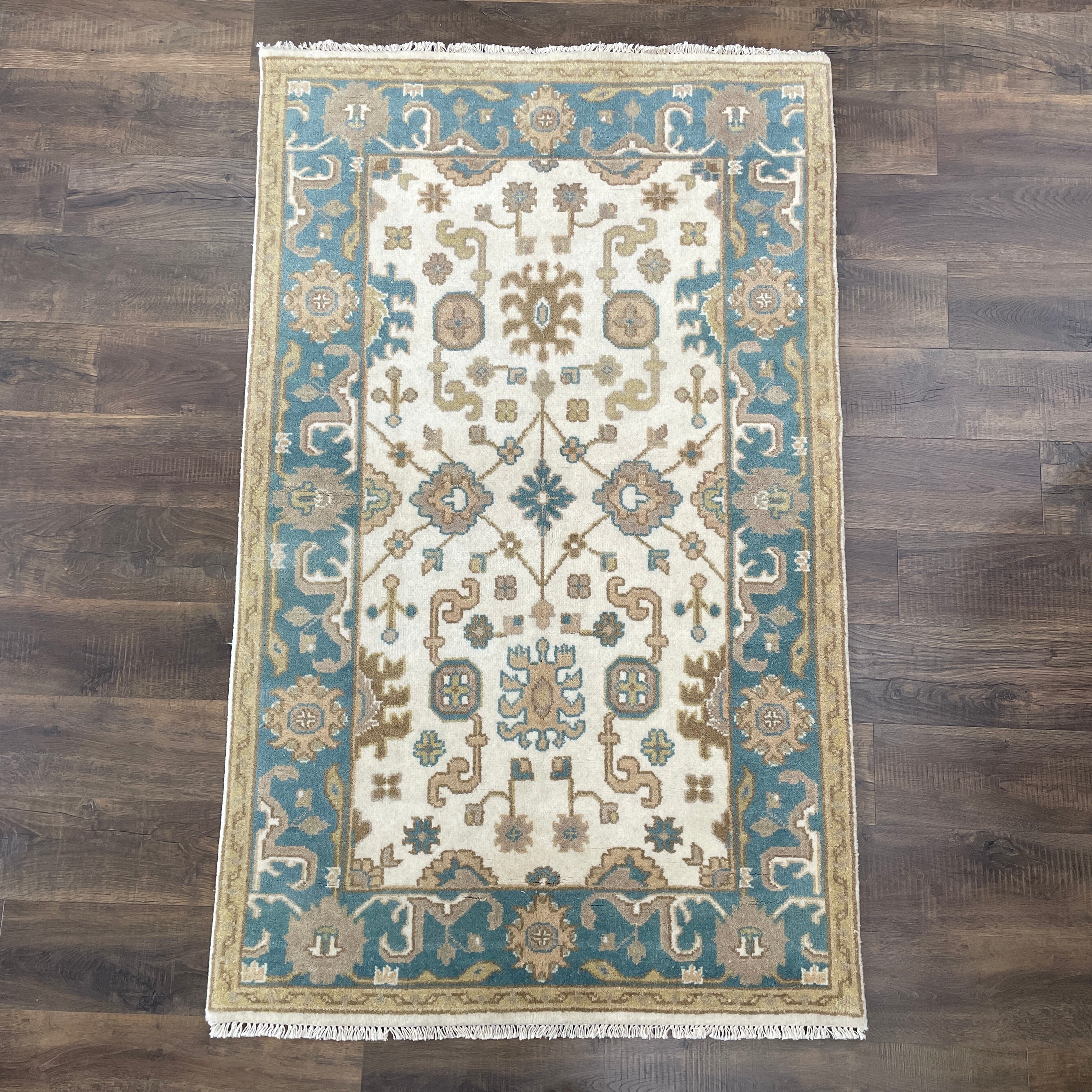Hand-knotted Wool Rug 4'x6'6", Soft Teal Traditional Oushak Area Rug