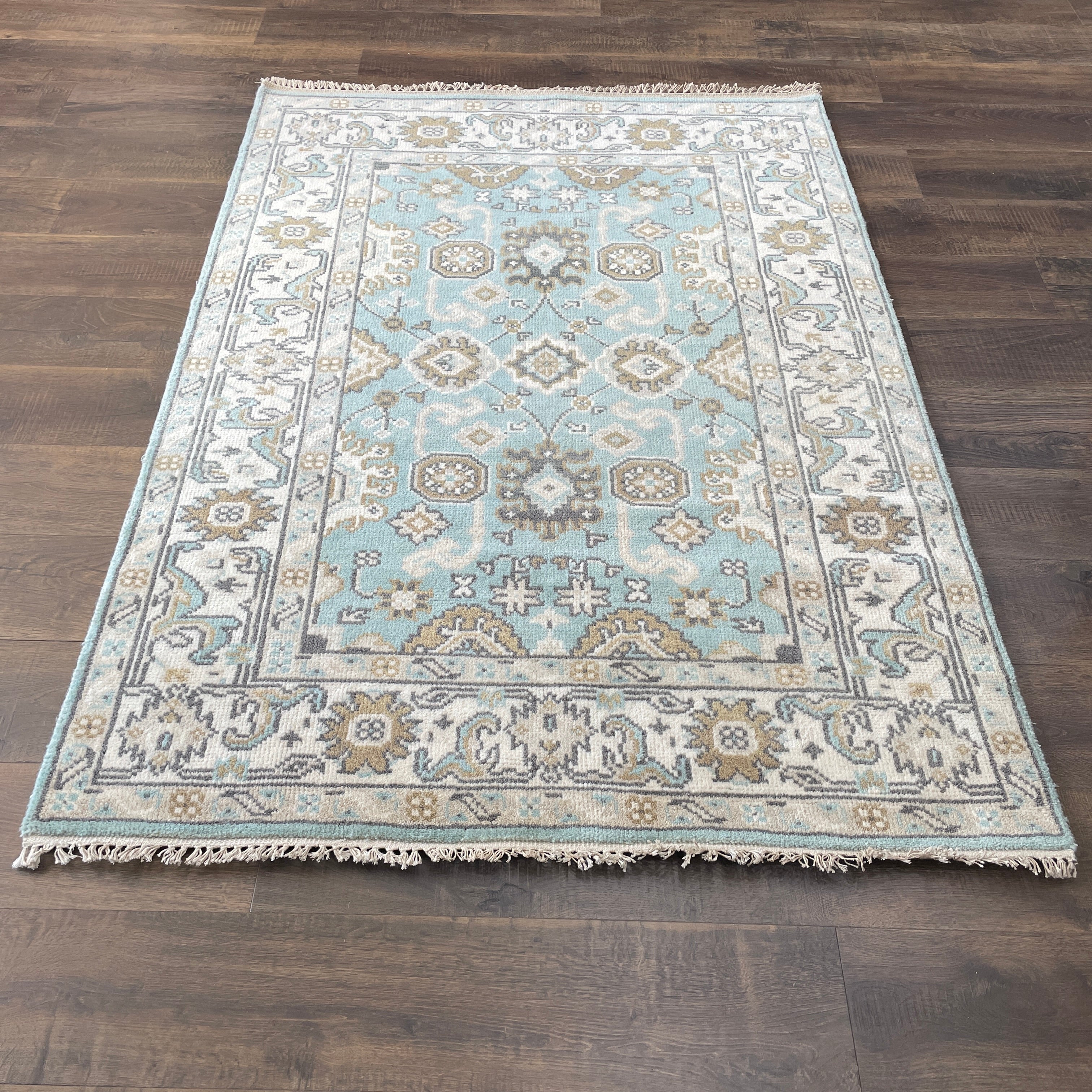 4'3"x6' Hand Knotted Wool Rug, Light Blue Oushak Rug, Pastel Traditional Area Rug