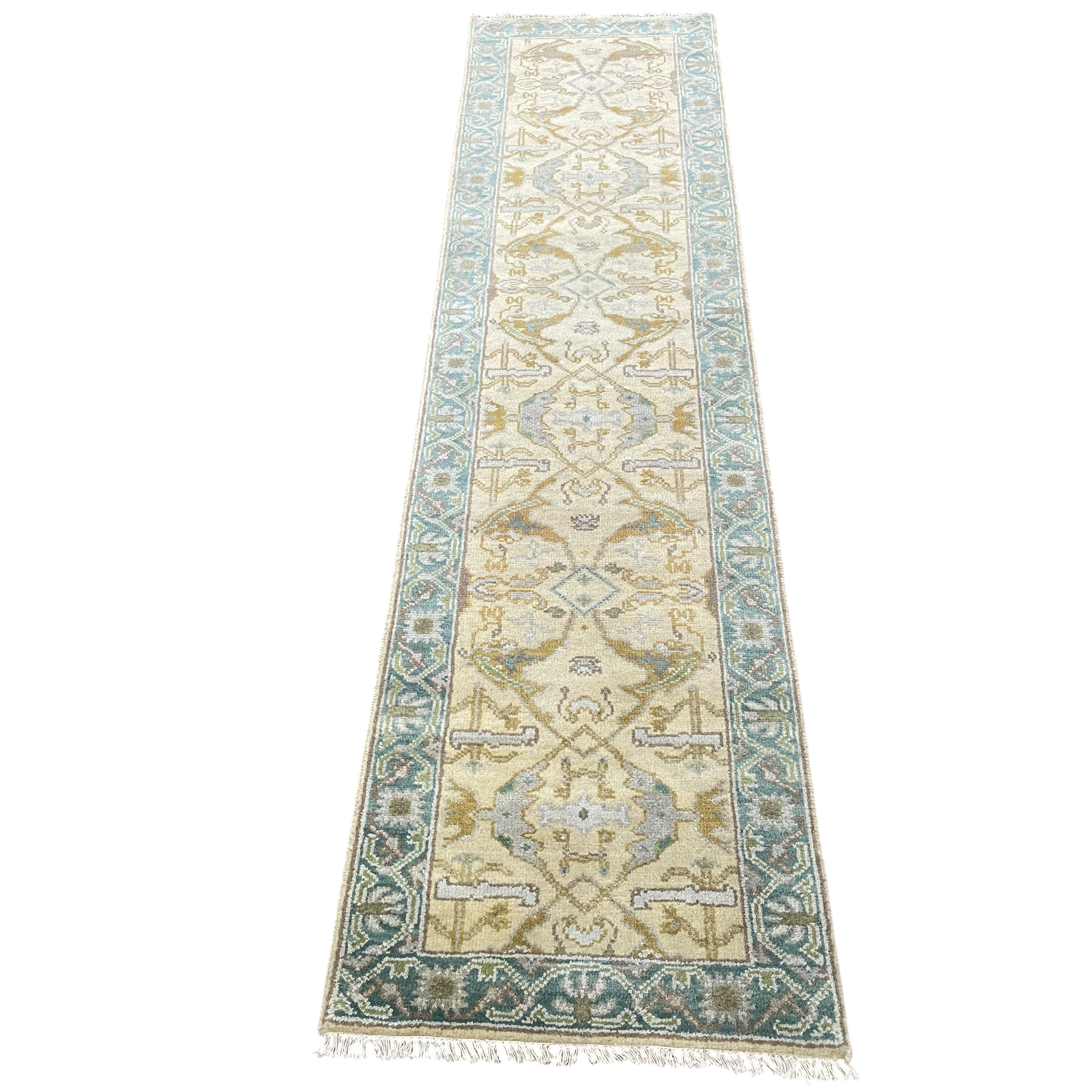 Vintage Turkish Oushak Runner Rug 2'6"x10' – Hand Knotted Wool Hallway Rug, Light Blue & Ivory Long Runner
