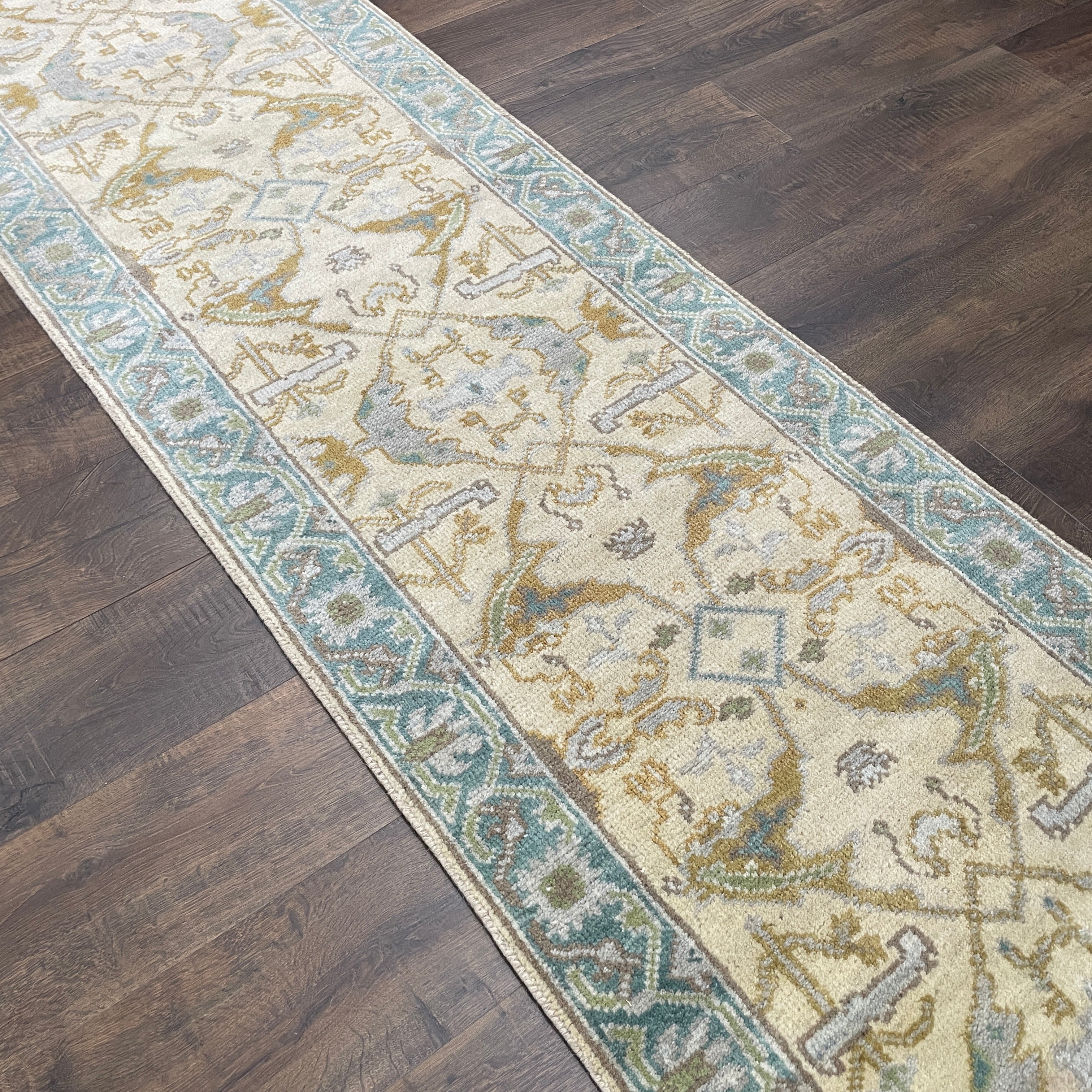 Vintage Turkish Oushak Runner Rug 2'6"x10' – Hand Knotted Wool Hallway Rug, Light Blue & Ivory Long Runner