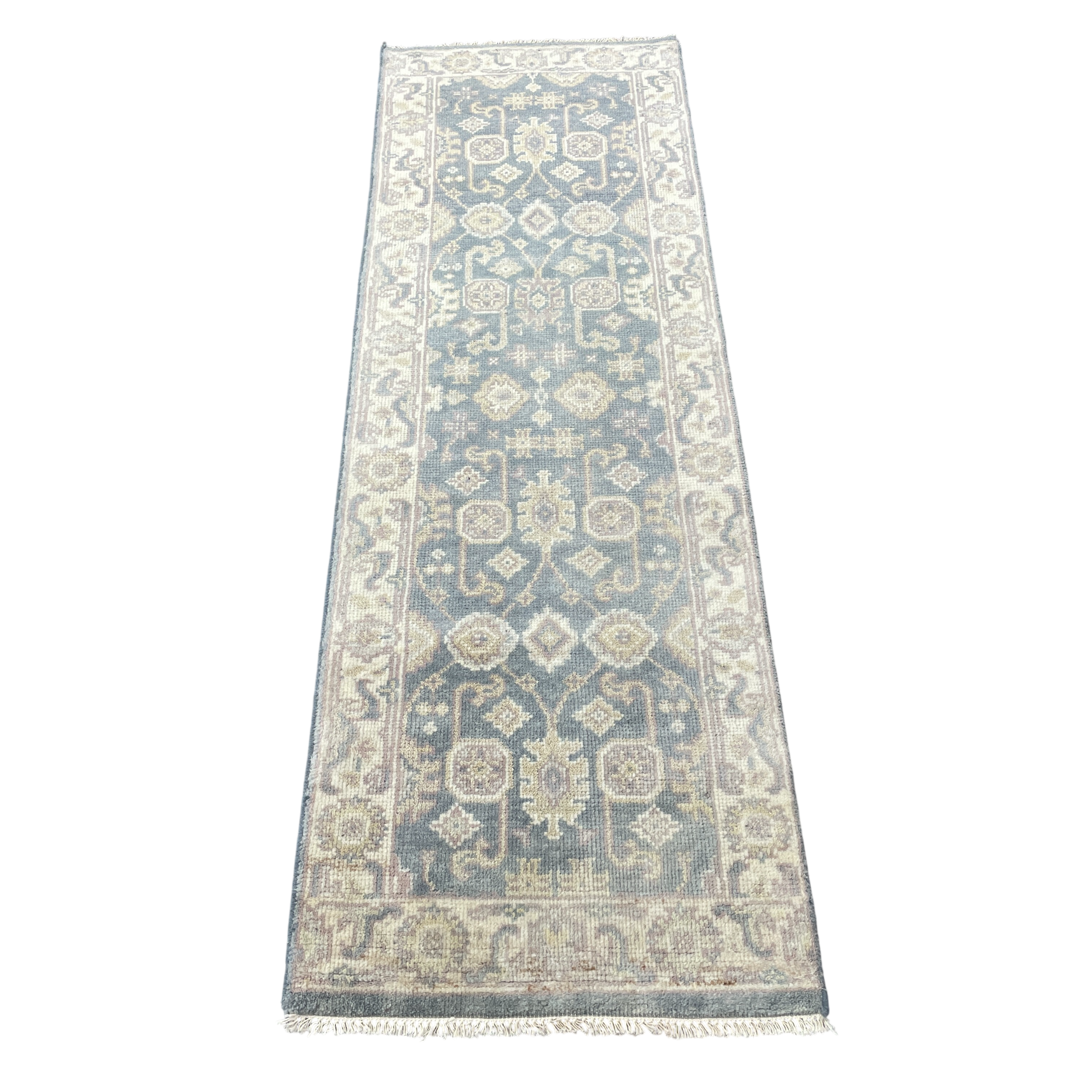Hand-Knotted Wool Runner Rug 2'5" x 7'8" – Vintage Traditional Slate Blue & Beige Hallway Rug