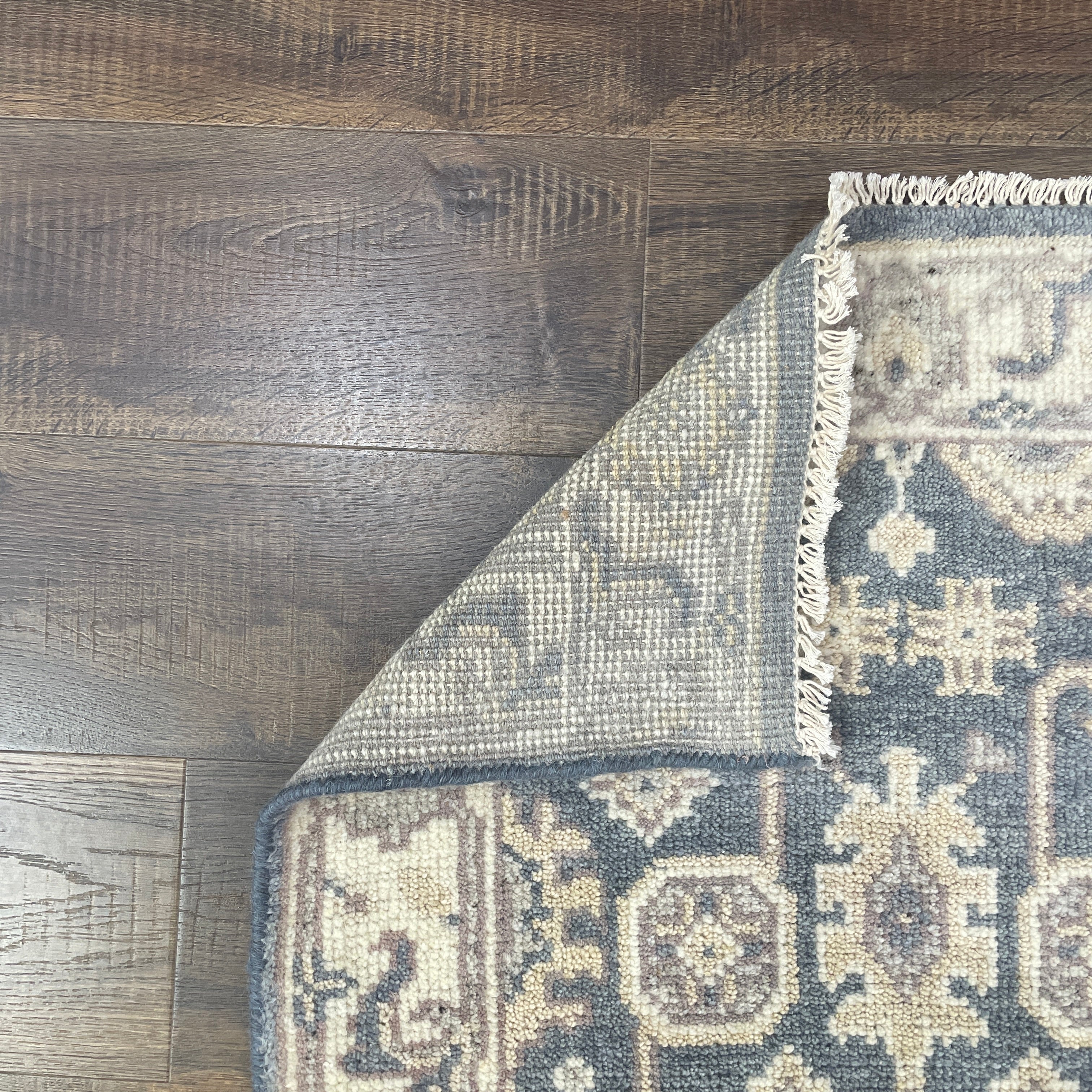 Hand-Knotted Wool Runner Rug 2'5" x 7'8" – Vintage Traditional Slate Blue & Beige Hallway Rug