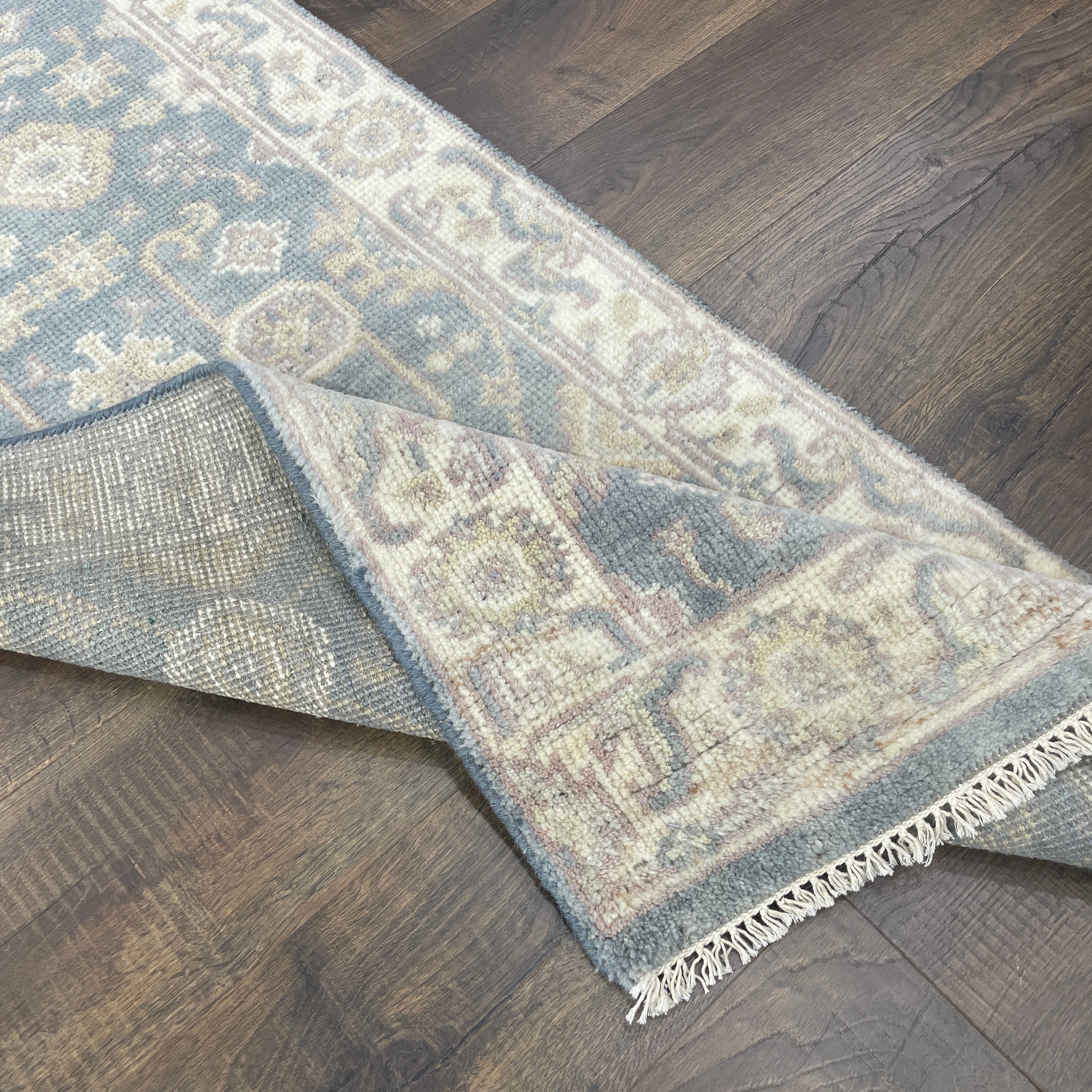 Hand-Knotted Wool Runner Rug 2'5" x 7'8" – Vintage Traditional Slate Blue & Beige Hallway Rug