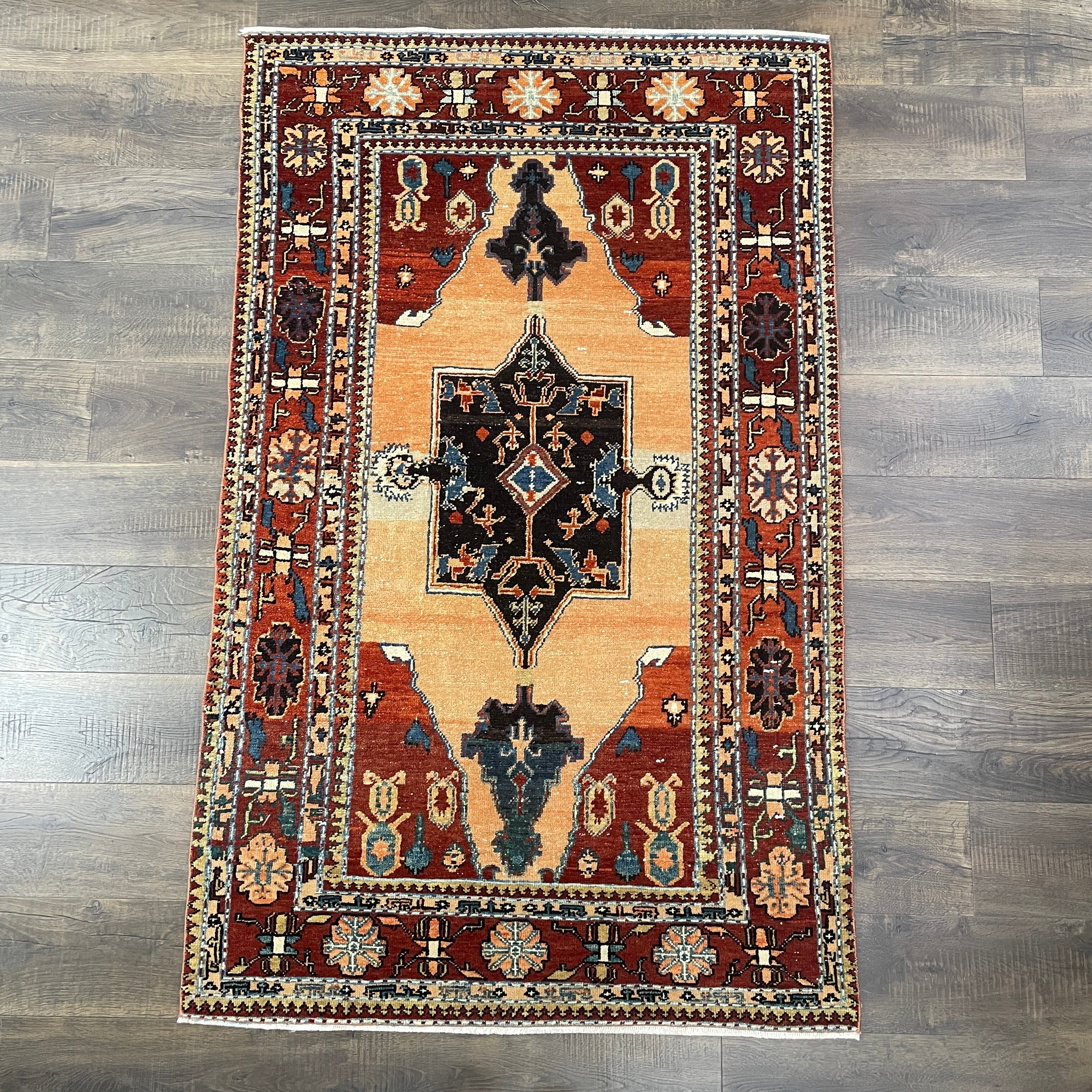 Hand-Knotted Wool Tribal Area Rug 3'8" x 6' – Vintage Caucasian Persian Style Rust & Terracotta Accent Rug