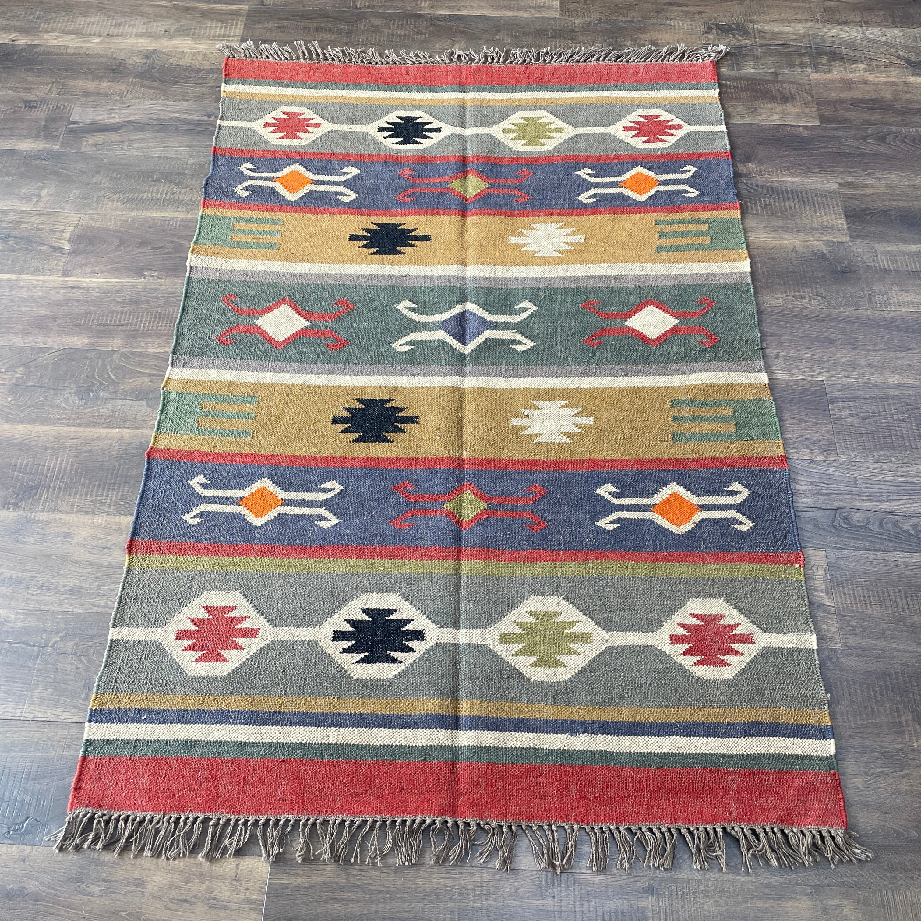 4'x6' Hand-Knotted Wool Kilim Rug | Geometric Tribal Flatweave Area Rug
