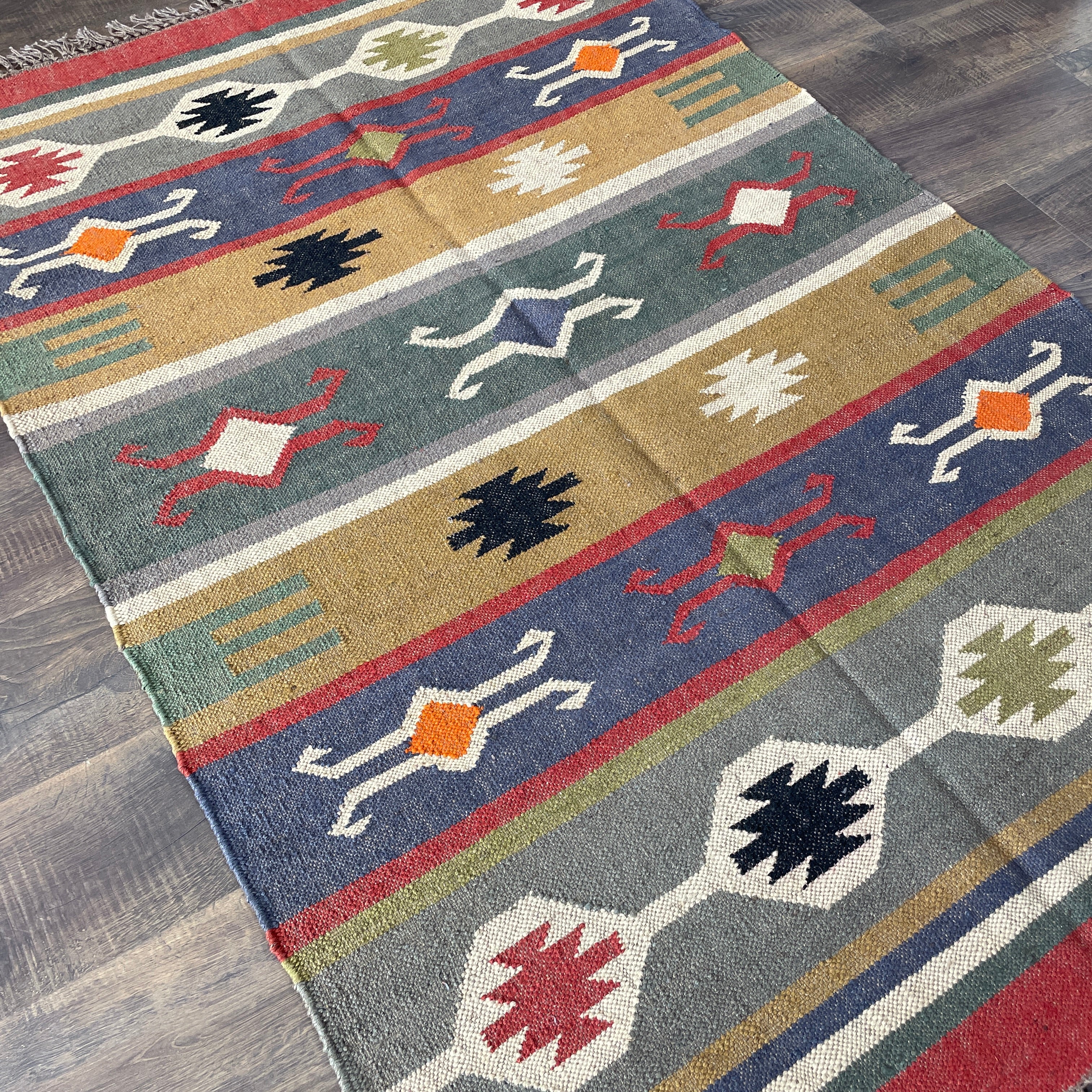4'x6' Hand-Knotted Wool Kilim Rug | Geometric Tribal Flatweave Area Rug