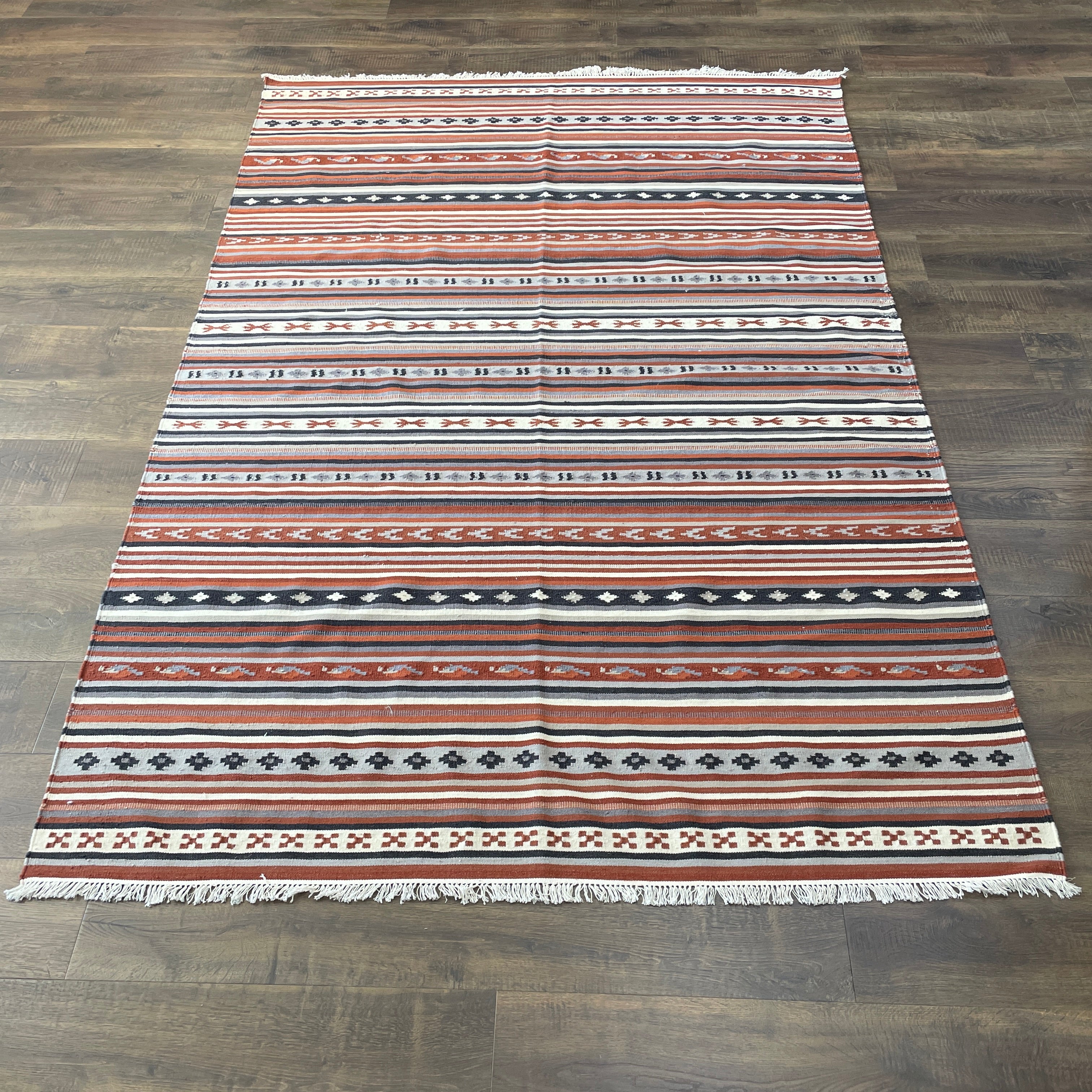 5'7"x8' Hand-Knotted Wool Kilim Rug | Terracotta and Charcoal Striped Flatweave
