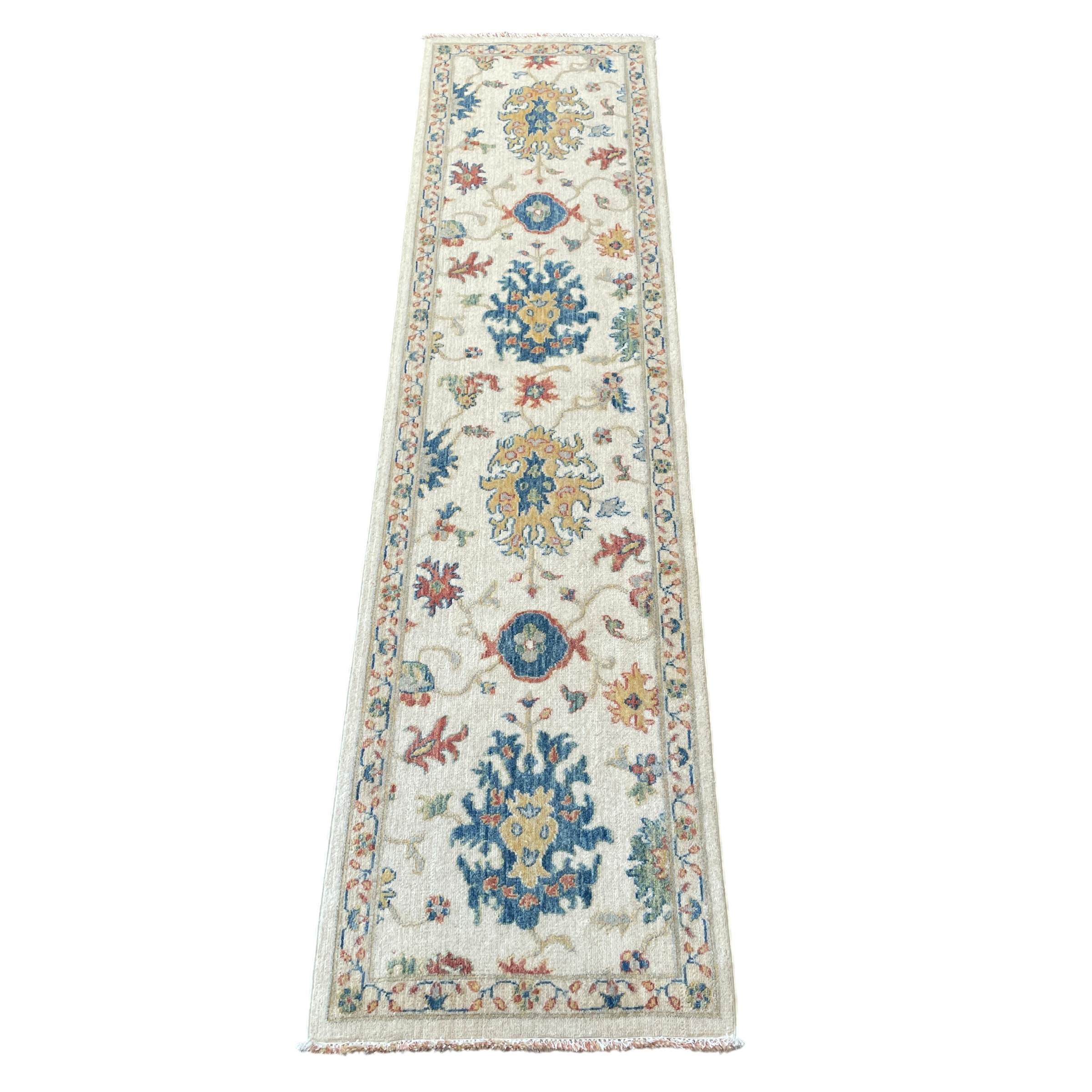 Hand-Spun Vegetable Dye Ivory Floral Runner Rug, 2' x 8'