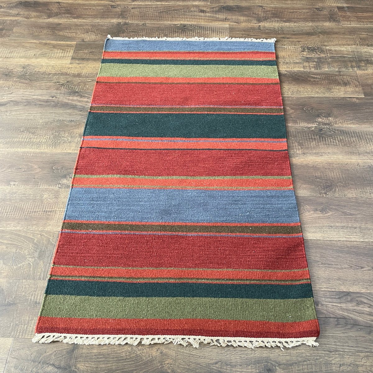 3'x5' Striped Kilim Rug | Flatweave Wool Accent Rug | Red, Blue & Green Boho Serape Style