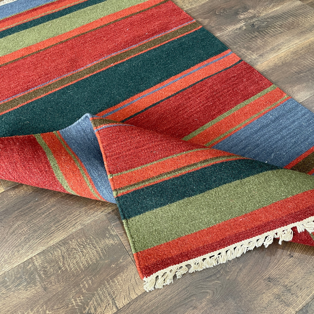 3'x5' Striped Kilim Rug | Flatweave Wool Accent Rug | Red, Blue & Green Boho Serape Style