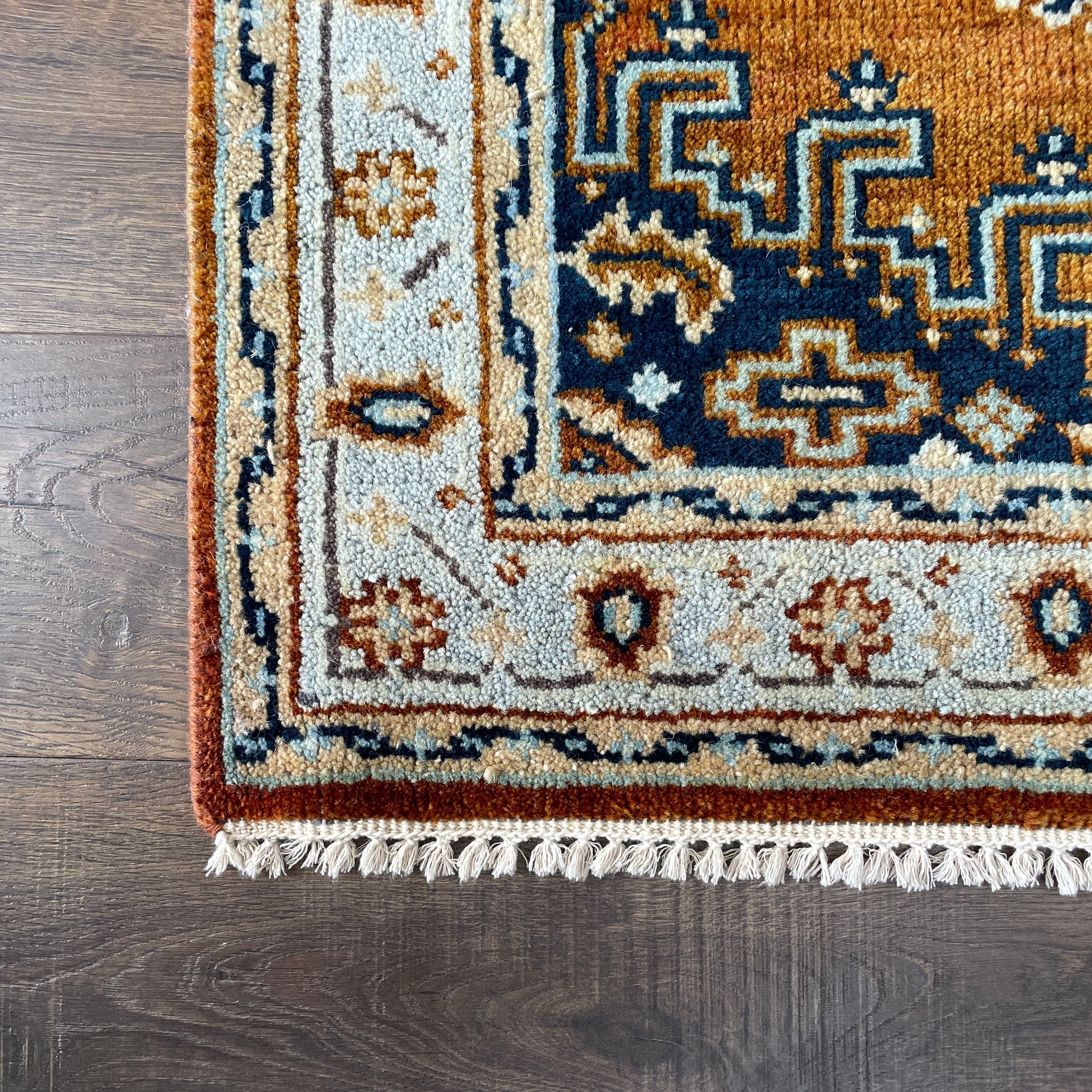 Hand Knotted Wool Rug 3x5, Vintage Style Rust & Navy Caucasian Tribal Area Rug