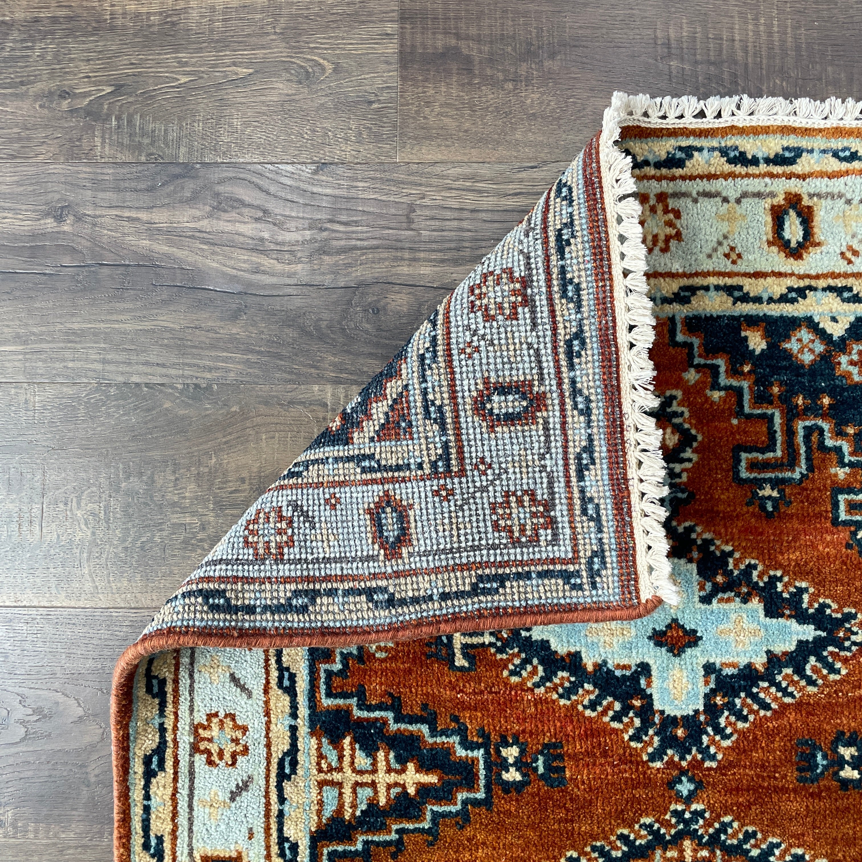 Hand Knotted Wool Rug 3x5, Vintage Style Rust & Navy Caucasian Tribal Area Rug