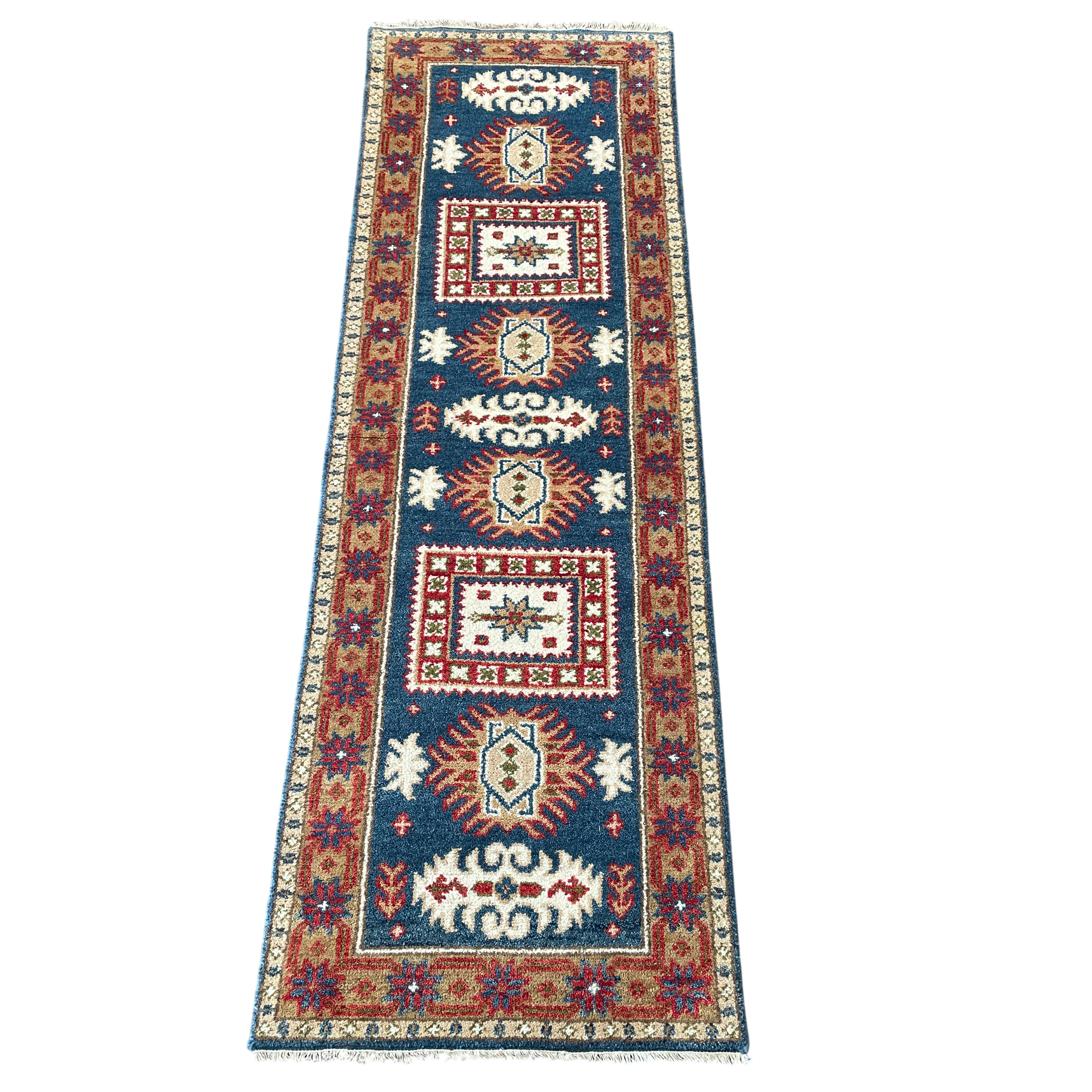 Handmade Geometric Tribal Wool Runner Rug 2'8"x8'2" | Blue and Red Hallway Rug