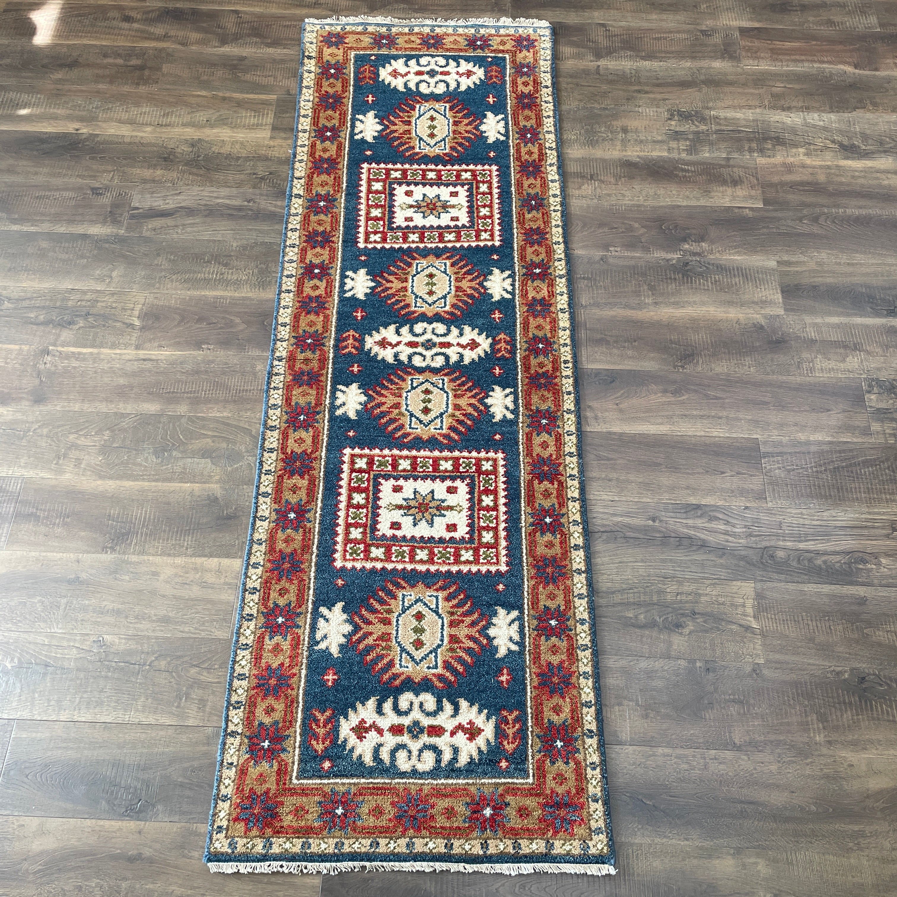 Handmade Geometric Tribal Wool Runner Rug 2'8"x8'2" | Blue and Red Hallway Rug