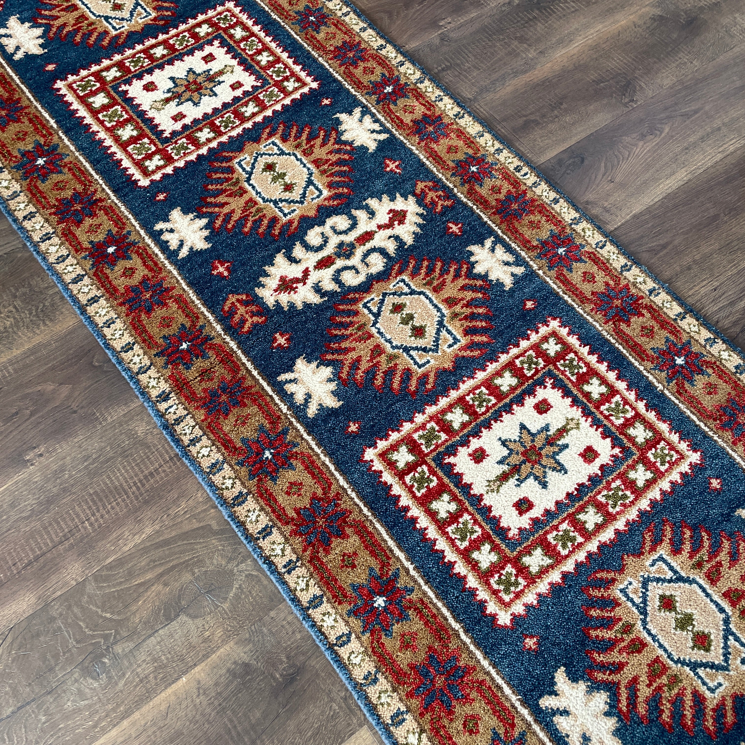 Handmade Geometric Tribal Wool Runner Rug 2'8"x8'2" | Blue and Red Hallway Rug