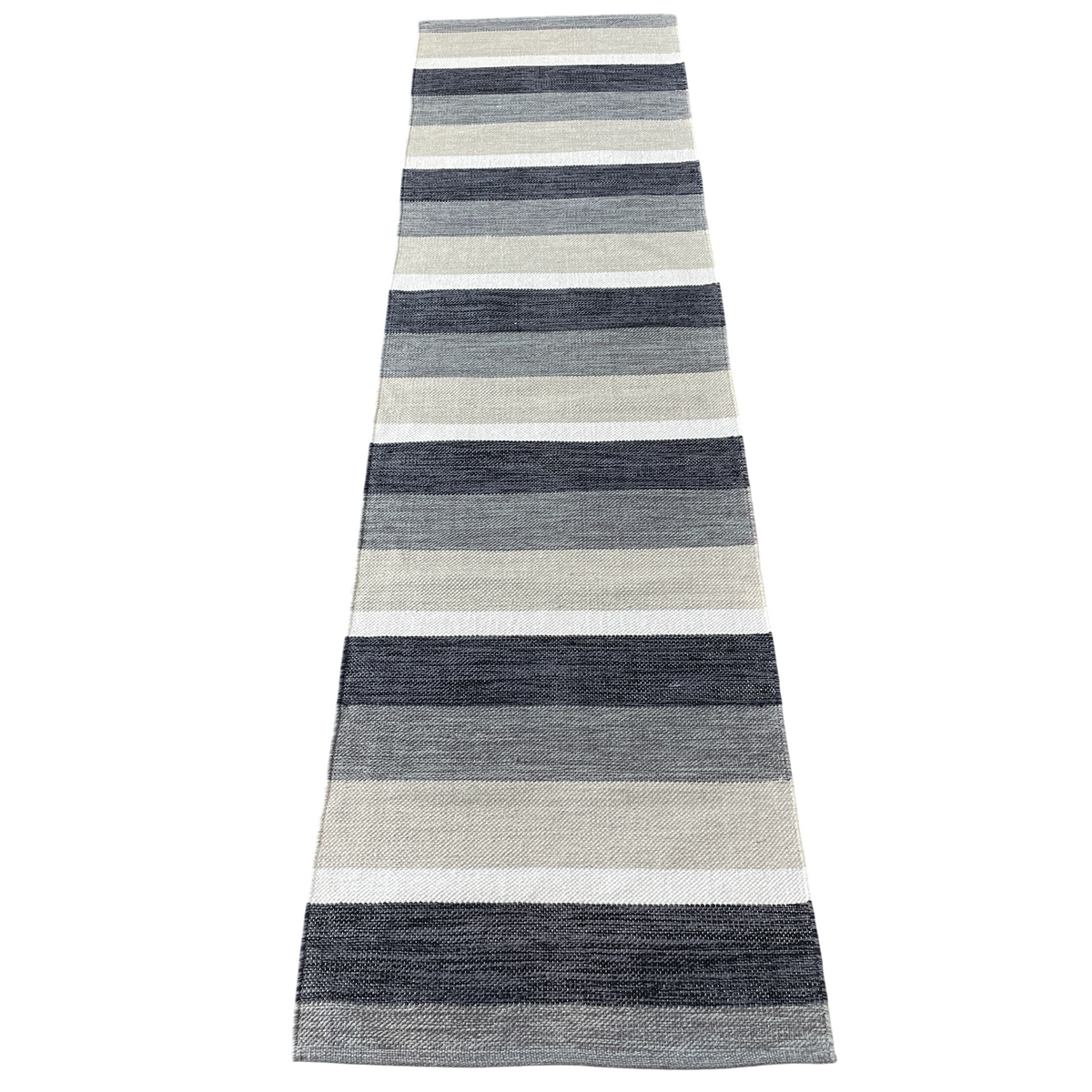 Handwoven Cotton Kilim Runner 2'6" x 10' – Black, Gray & Ivory Striped Flatweave Rug