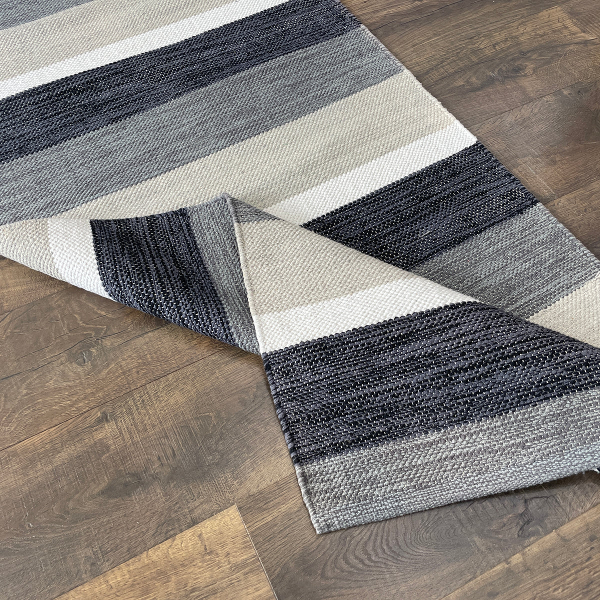 Handwoven Cotton Kilim Runner 2'6" x 10' – Black, Gray & Ivory Striped Flatweave Rug